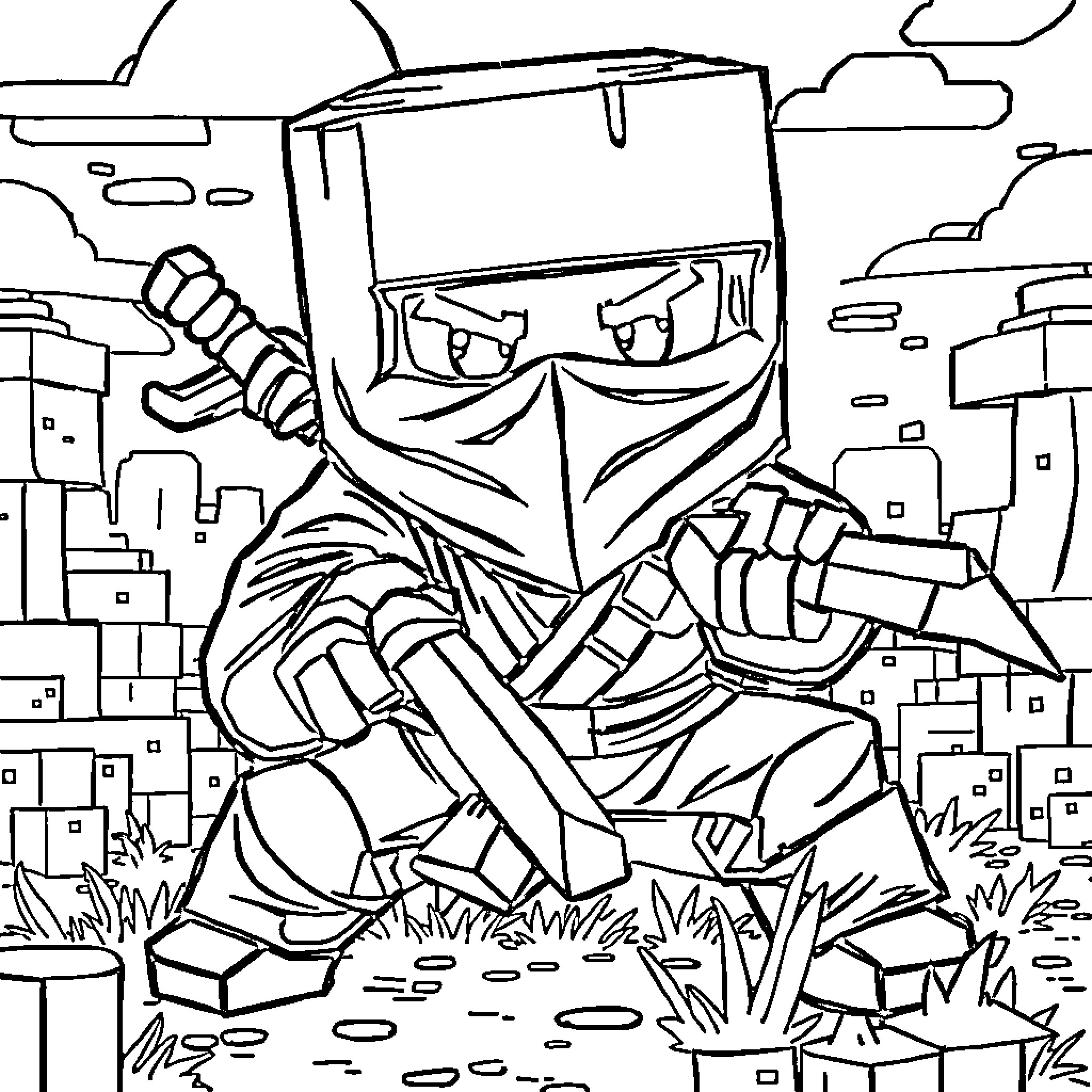 Minecraft Ninja in Dramatic Battle Pose Coloring Page (free black-and-white line drawing printable PDF for all, from beginners to advanced learners, including children, teens, adults, and seniors)