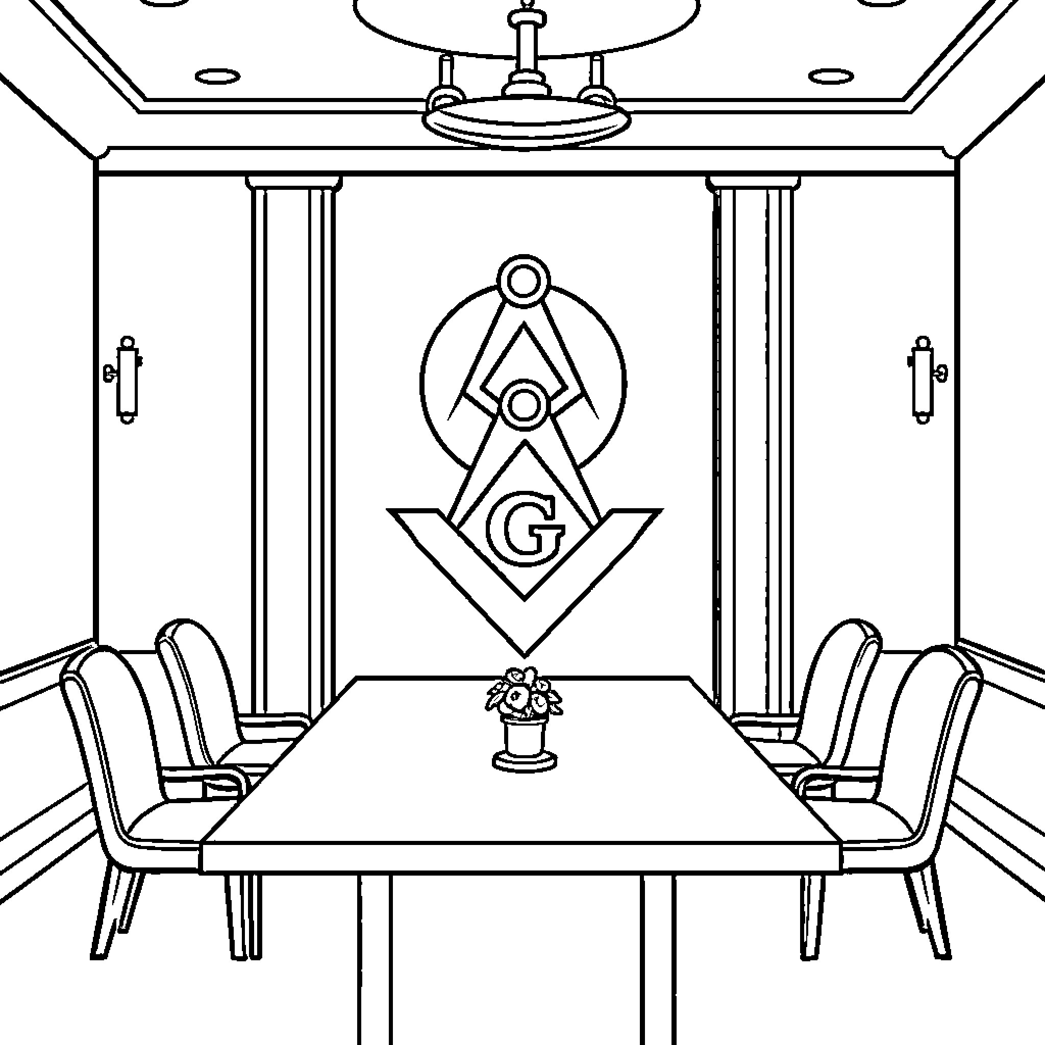 Masonic Ceremonial Room with Symbolic Decor Coloring Page (free black-and-white line drawing printable PDF for all, from beginners to advanced learners, including children, teens, adults, and seniors)