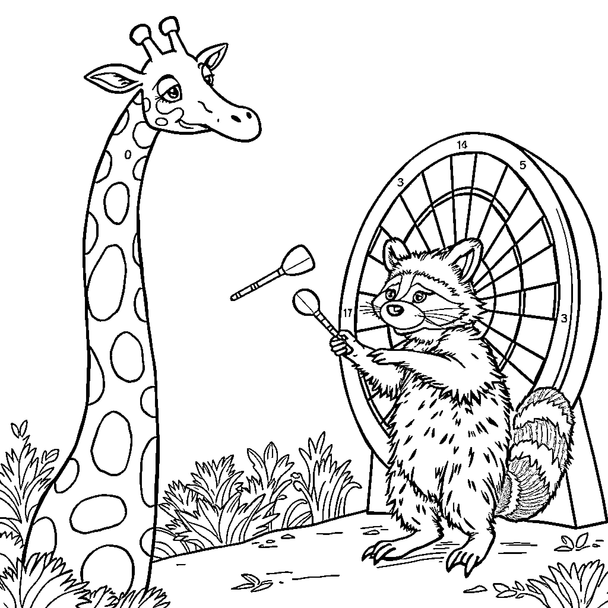 Giraffe and raccoon playing in the garden Coloring Page (free black-and-white line drawing printable PDF for all, from beginners to advanced learners, including children, teens, adults, and seniors)