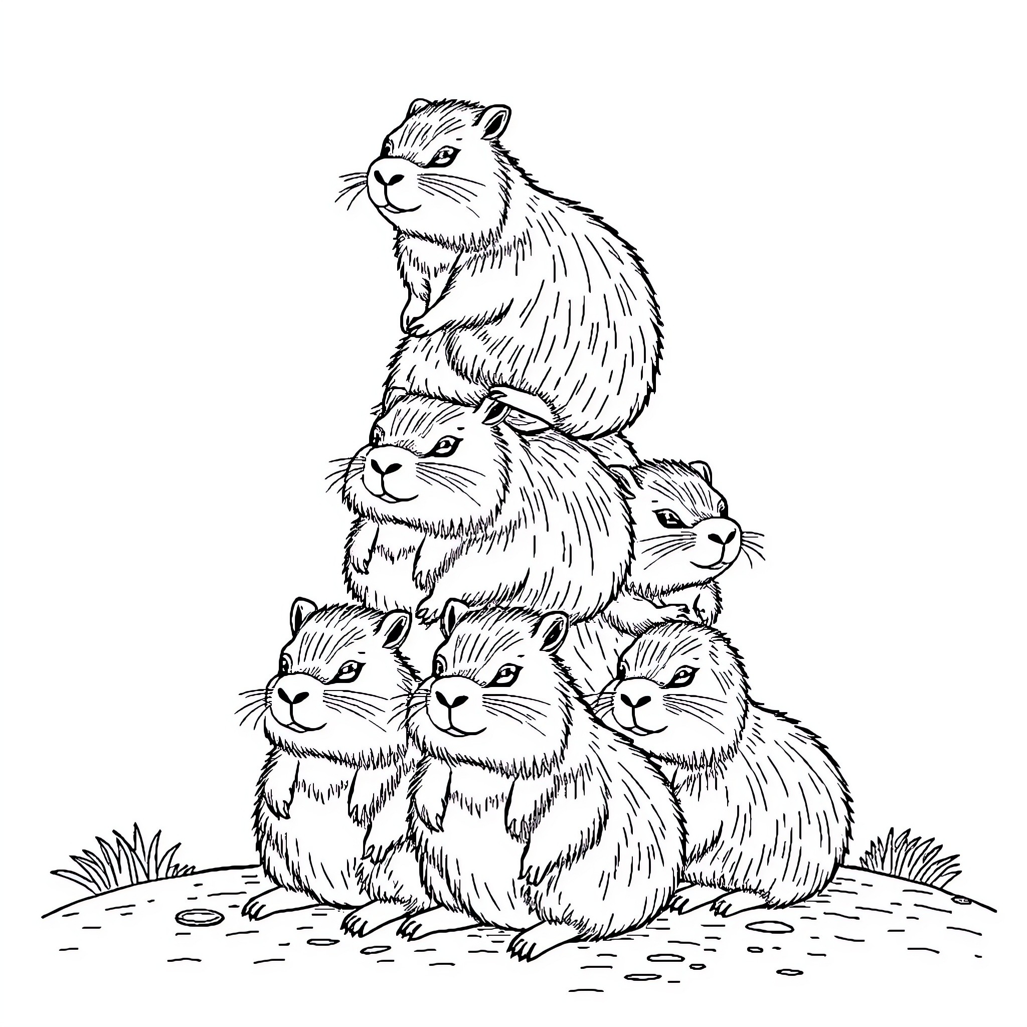 Capybara family huddled together Coloring Page (free black-and-white line drawing printable PDF for all, from beginners to advanced learners, including children, teens, adults, and seniors)