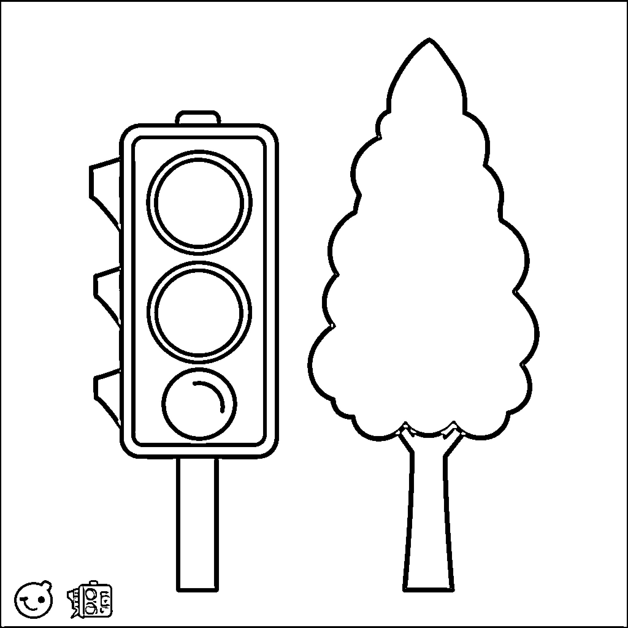 Traffic Light and Tree Silhouettes Coloring Page (free black-and-white line drawing printable PDF for all, from beginners to advanced learners, including children, teens, adults, and seniors)