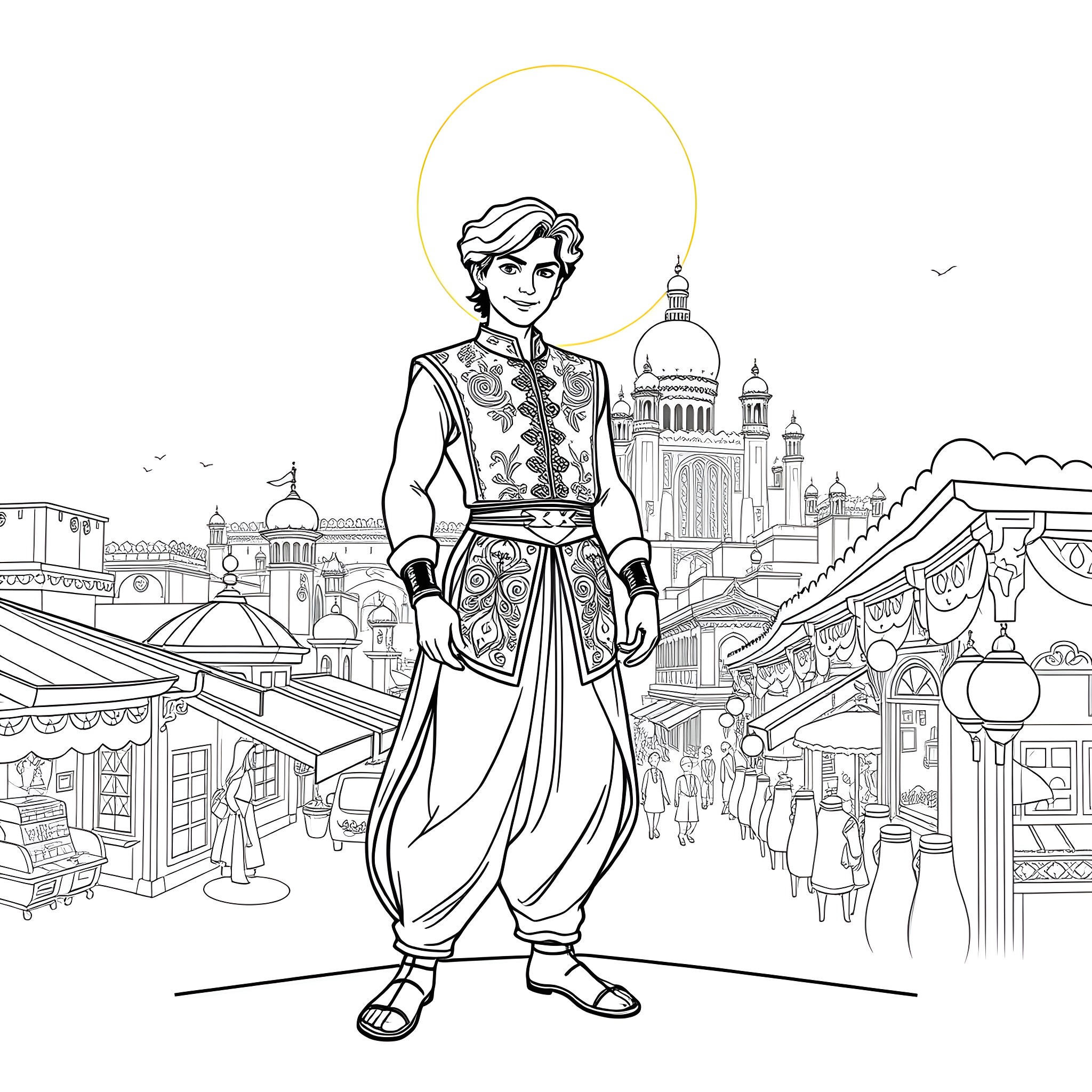 Aladdin exploring the vibrant marketplace Coloring Page (free black-and-white line drawing printable PDF for all, from beginners to advanced learners, including children, teens, adults, and seniors)