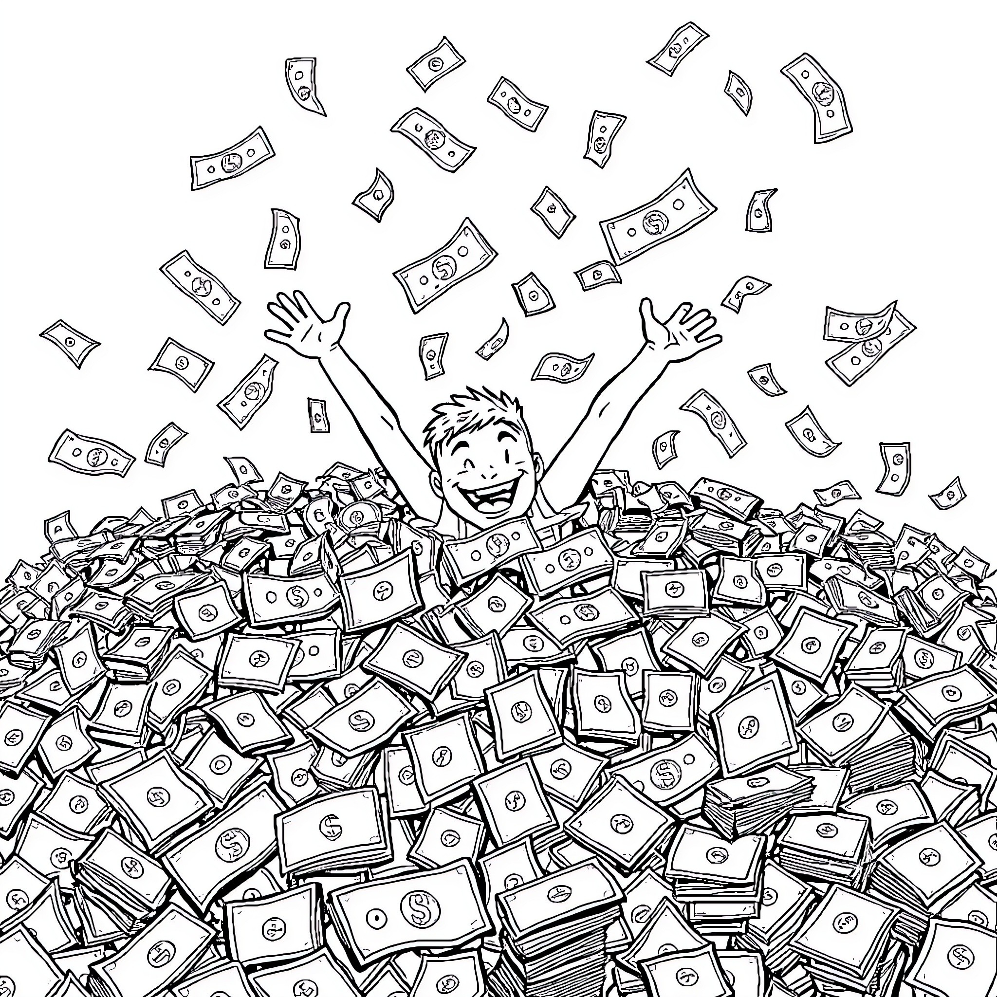 Person celebrating in a shower of money Coloring Page (free black-and-white line drawing printable PDF for all, from beginners to advanced learners, including children, teens, adults, and seniors)