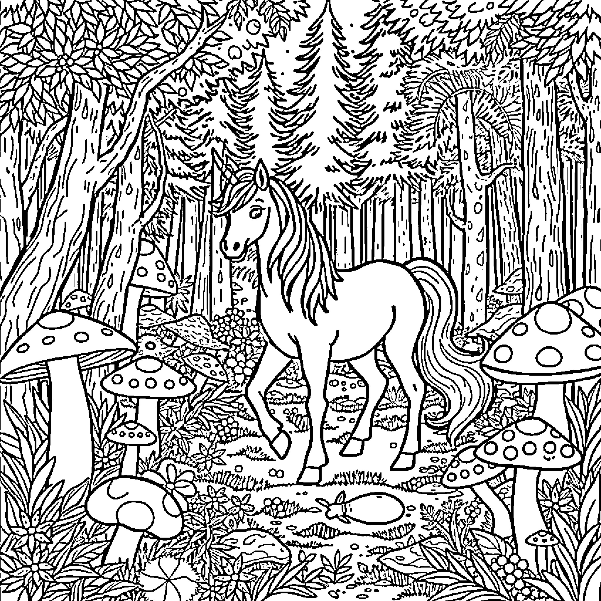 Unicorn exploring the enchanted forest Coloring Page (free black-and-white line drawing printable PDF for all, from beginners to advanced learners, including children, teens, adults, and seniors)