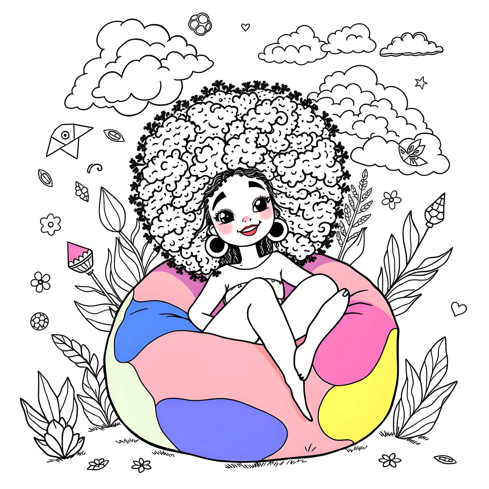 Girl relaxing on colorful cushion in nature Coloring Page (free black-and-white line drawing printable PDF for all, from beginners to advanced learners, including children, teens, adults, and seniors)