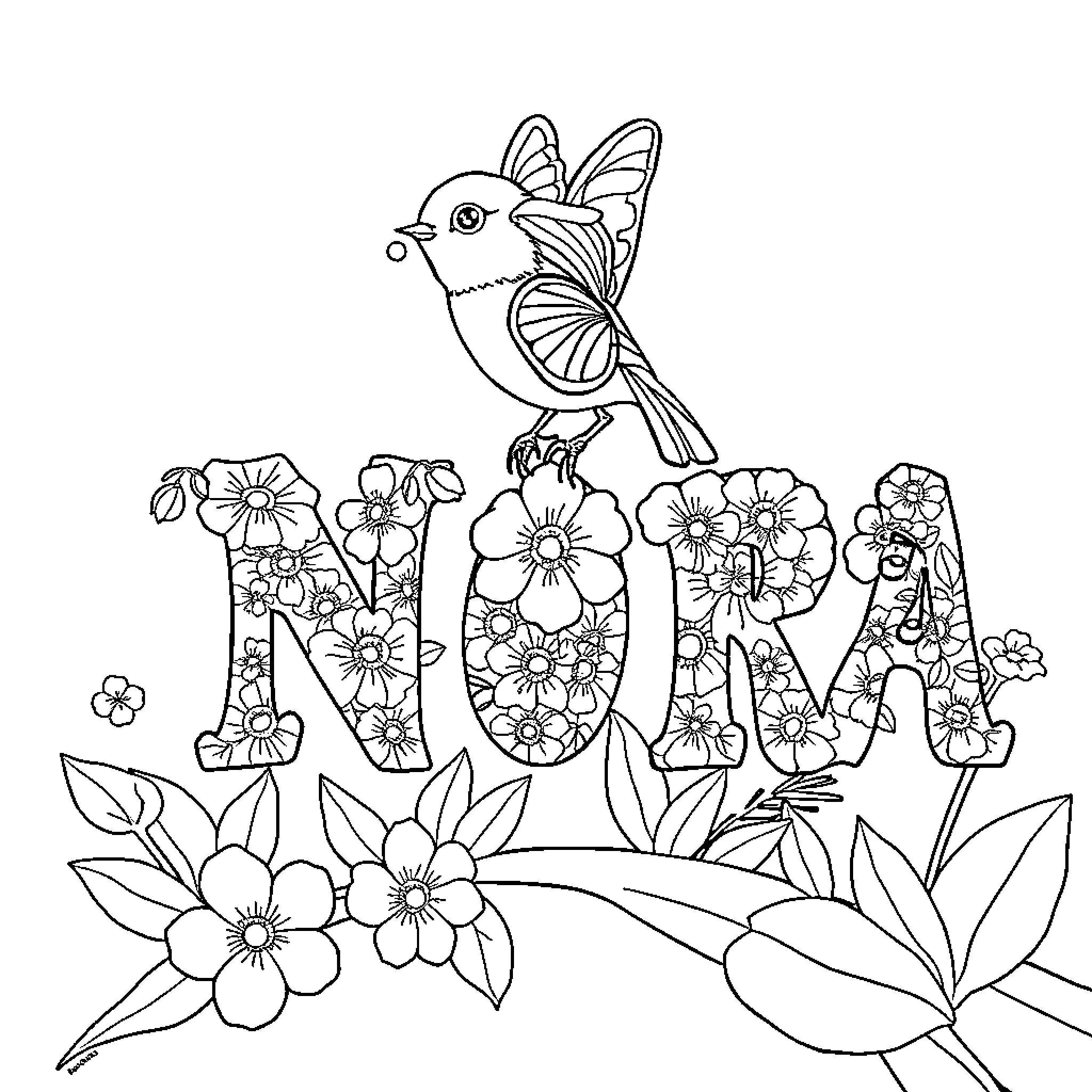 Nora's Floral Adventure Coloring Page (free black-and-white line drawing printable PDF for all, from beginners to advanced learners, including children, teens, adults, and seniors)