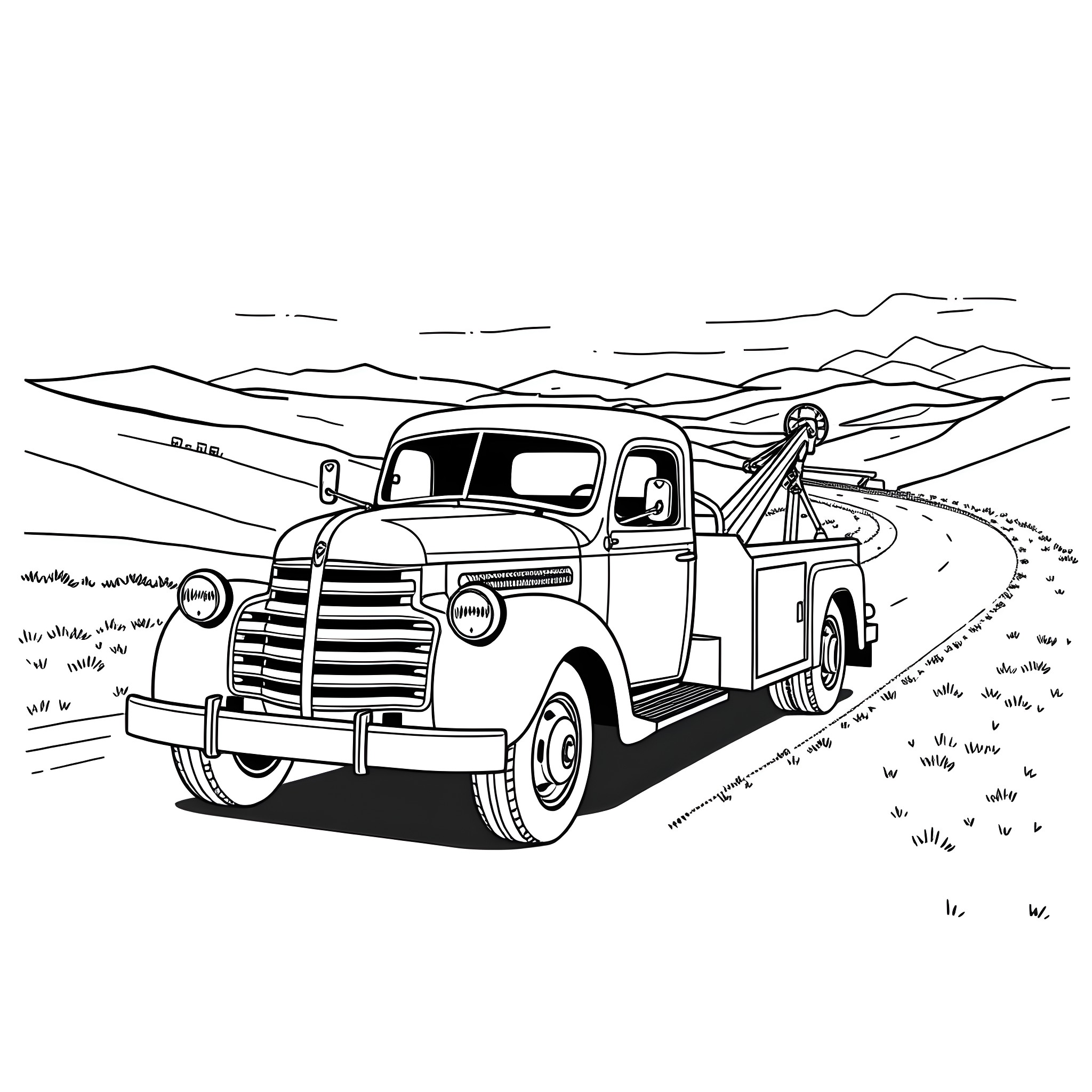 Tow Truck Transporting Vintage Pickup in Rural Landscape Coloring Page (free black-and-white line drawing printable PDF for all, from beginners to advanced learners, including children, teens, adults, and seniors)