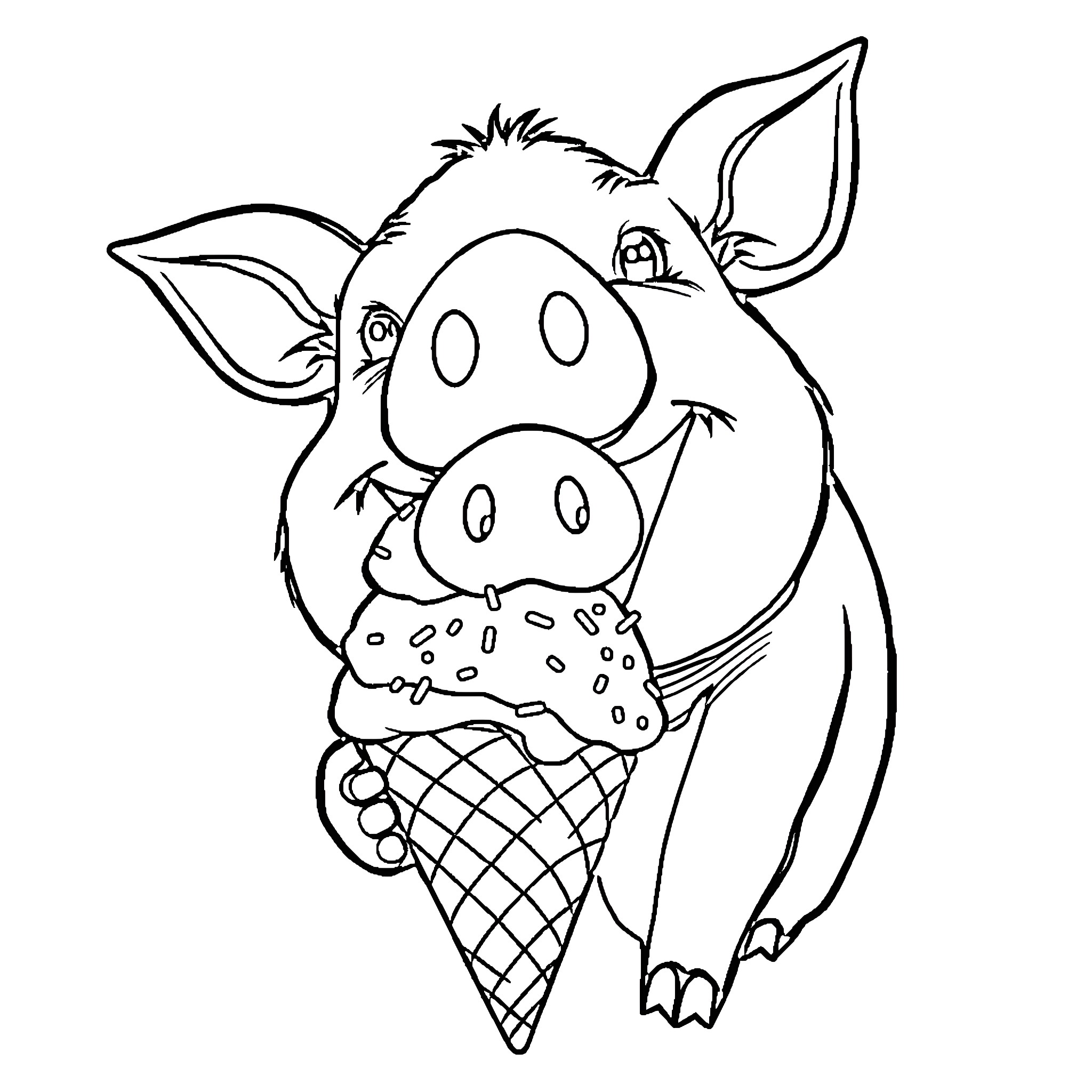 Pig enjoying a delicious ice cream cone Coloring Page (free black-and-white line drawing printable PDF for all, from beginners to advanced learners, including children, teens, adults, and seniors)