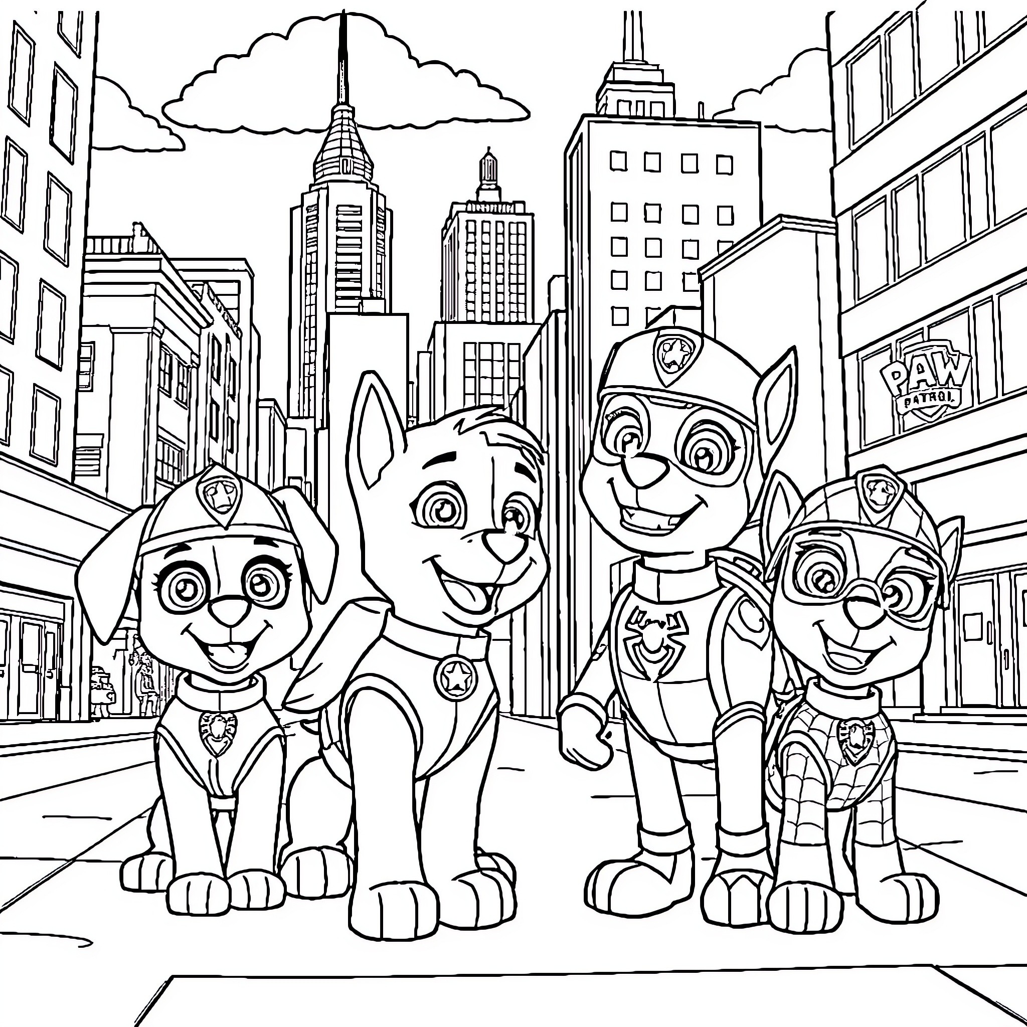Paw Patrol Pups Explore the City Streets Coloring Page (free black-and-white line drawing printable PDF for all, from beginners to advanced learners, including children, teens, adults, and seniors)