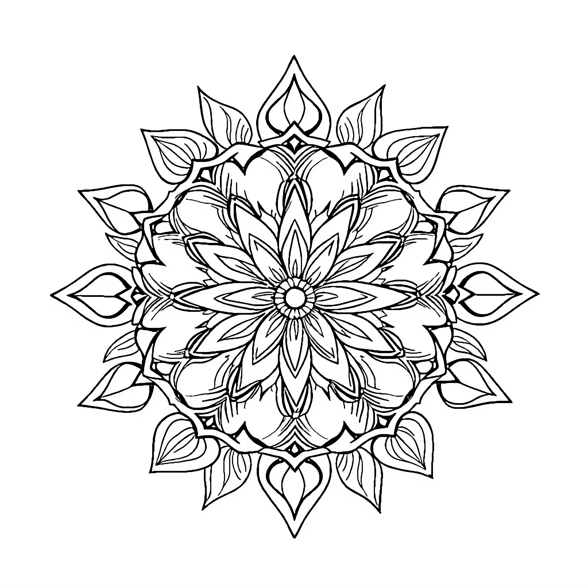 Botanical intricate flower mandala design Coloring Page (free black-and-white line drawing printable PDF for all, from beginners to advanced learners, including children, teens, adults, and seniors)