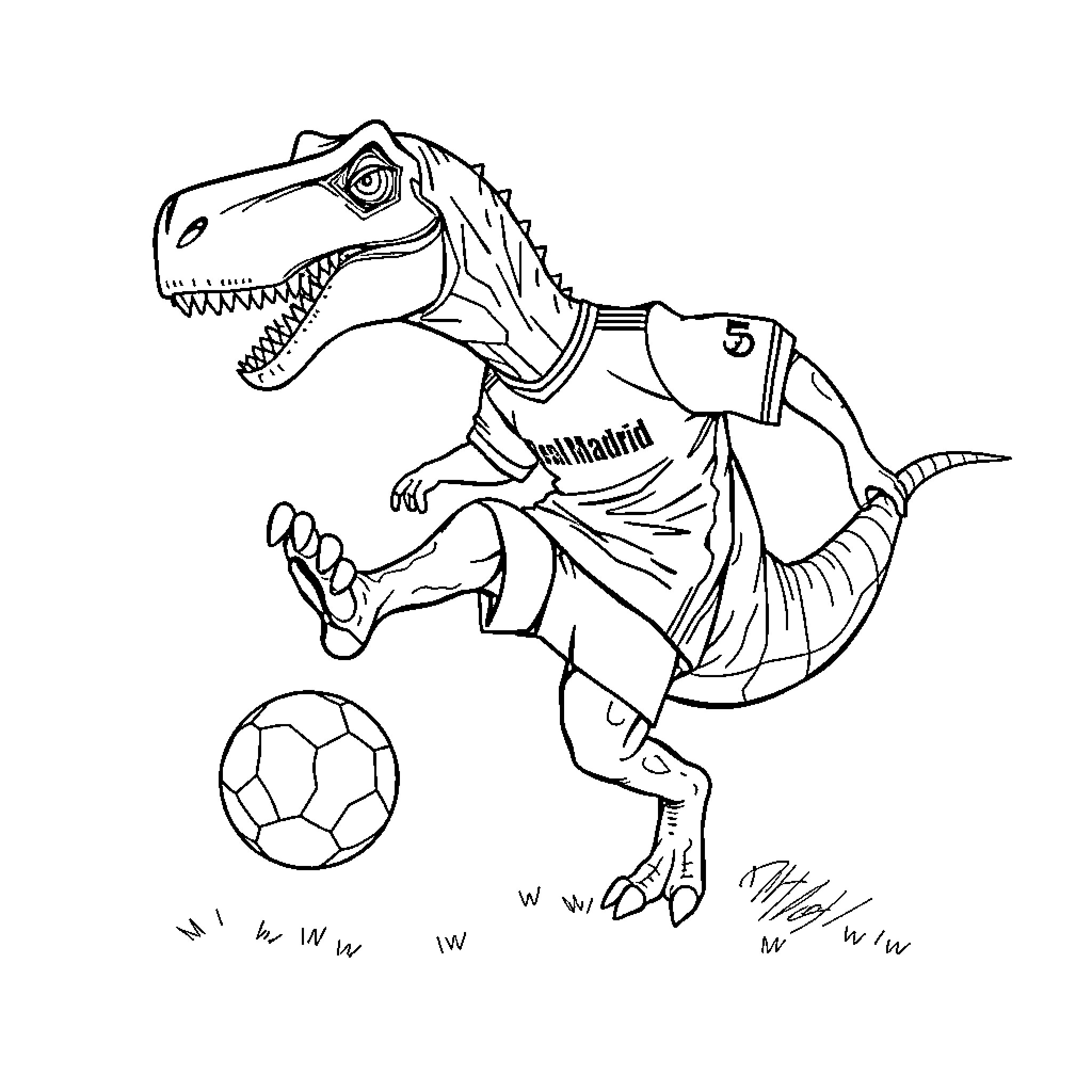 Dinosaur playing football in uniform Coloring Page (free black-and-white line drawing printable PDF for all, from beginners to advanced learners, including children, teens, adults, and seniors)