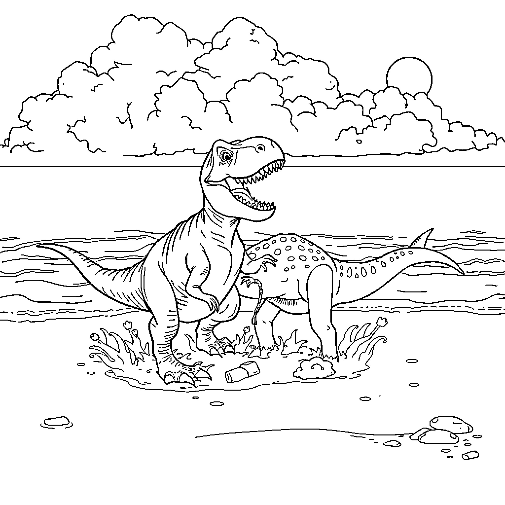 Dinosaurs in a prehistoric landscape Coloring Page (free black-and-white line drawing printable PDF for all, from beginners to advanced learners, including children, teens, adults, and seniors)