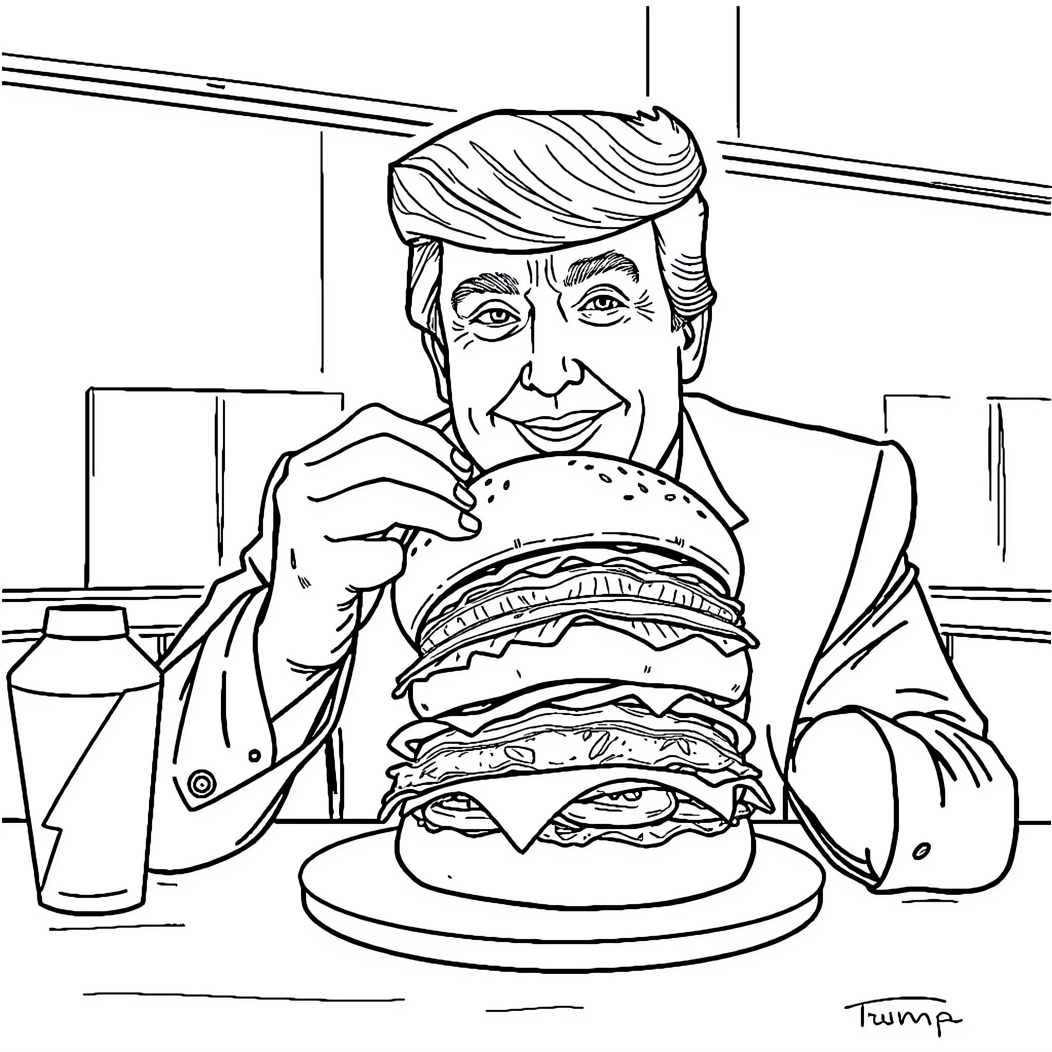 Trump eating a large hamburger in a diner Coloring Page (free black-and-white line drawing printable PDF for all, from beginners to advanced learners, including children, teens, adults, and seniors)