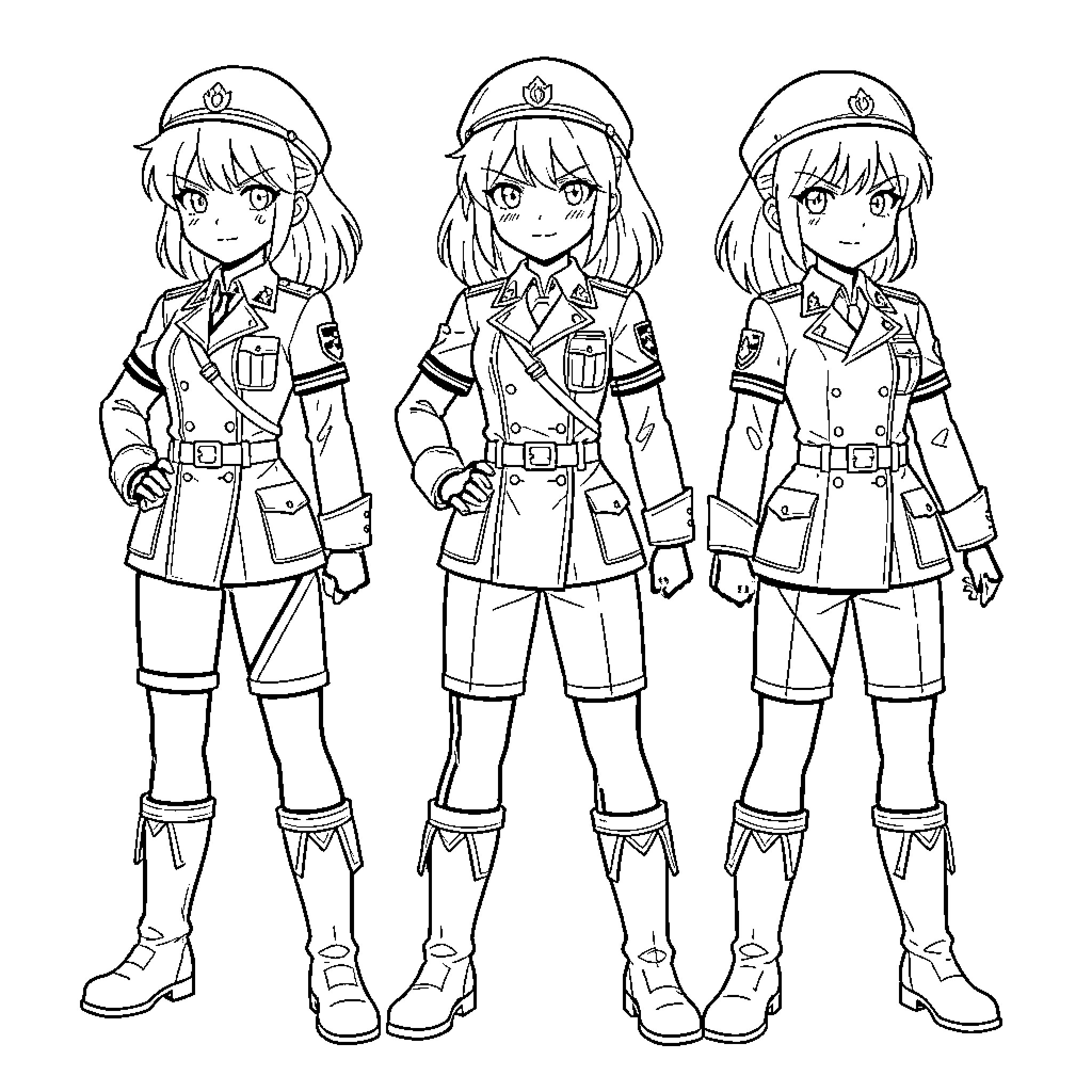 Anime Girls in Military Uniform Posing Confidently Coloring Page (free black-and-white line drawing printable PDF for all, from beginners to advanced learners, including children, teens, adults, and seniors)