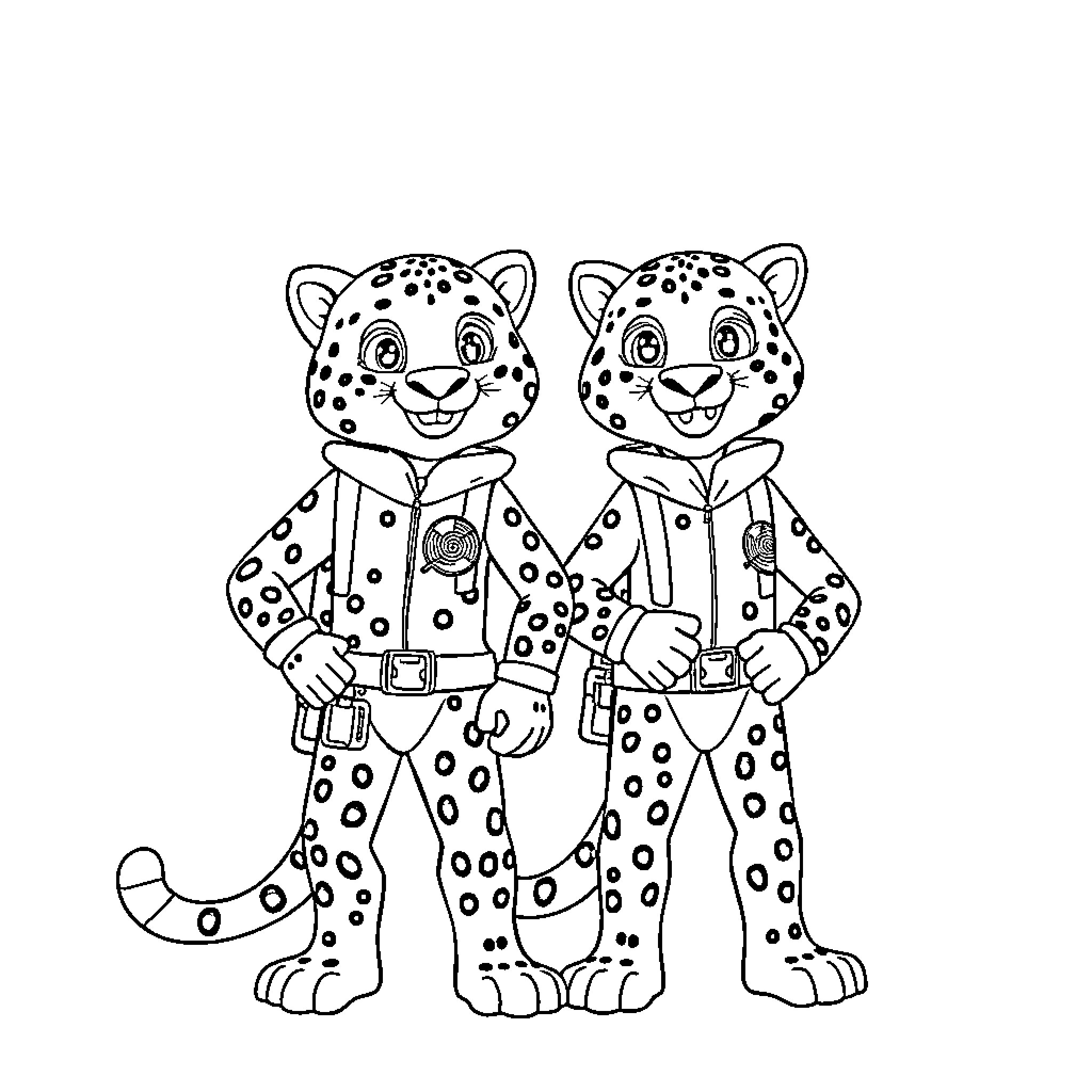 Wild Kratts characters in adventurous outfits Coloring Page (free black-and-white line drawing printable PDF for all, from beginners to advanced learners, including children, teens, adults, and seniors)