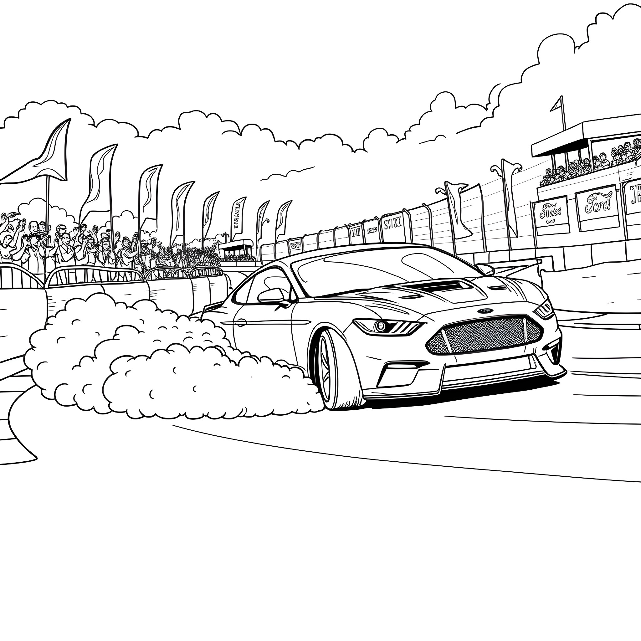 Ford Mustang racing in grand prix event Coloring Page (free black-and-white line drawing printable PDF for all, from beginners to advanced learners, including children, teens, adults, and seniors)