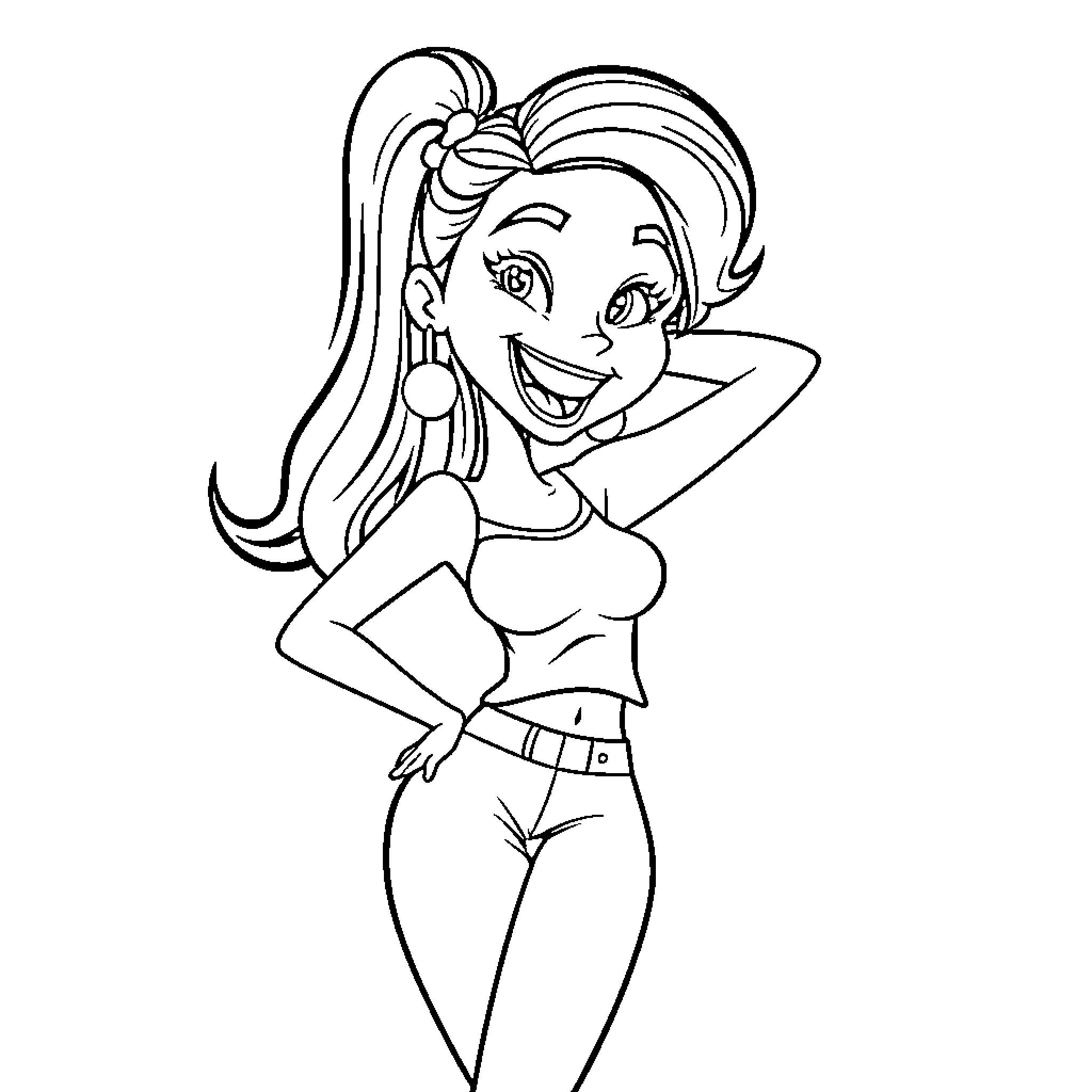 Woman with long hair and smiling expression Coloring Page (free black-and-white line drawing printable PDF for all, from beginners to advanced learners, including children, teens, adults, and seniors)