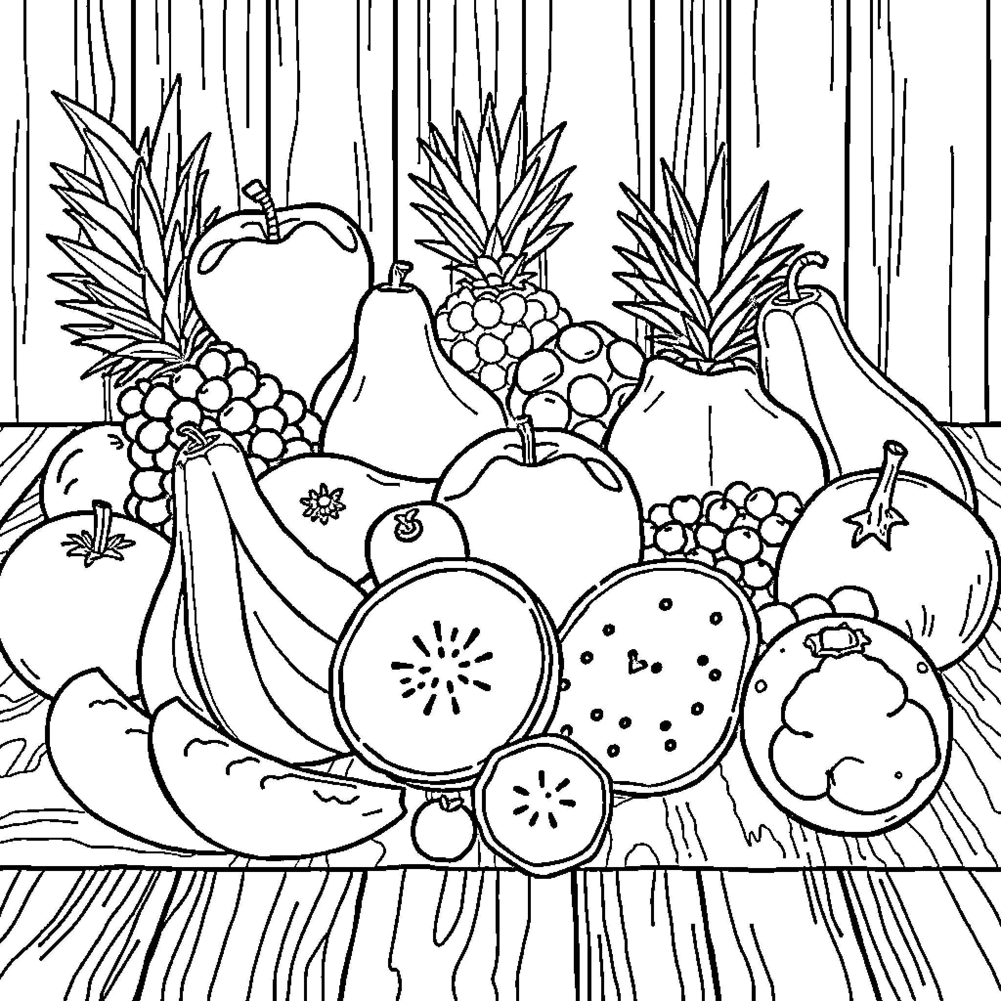 Fruit Basket with Vibrant Assortment Coloring Page (free black-and-white line drawing printable PDF for all, from beginners to advanced learners, including children, teens, adults, and seniors)