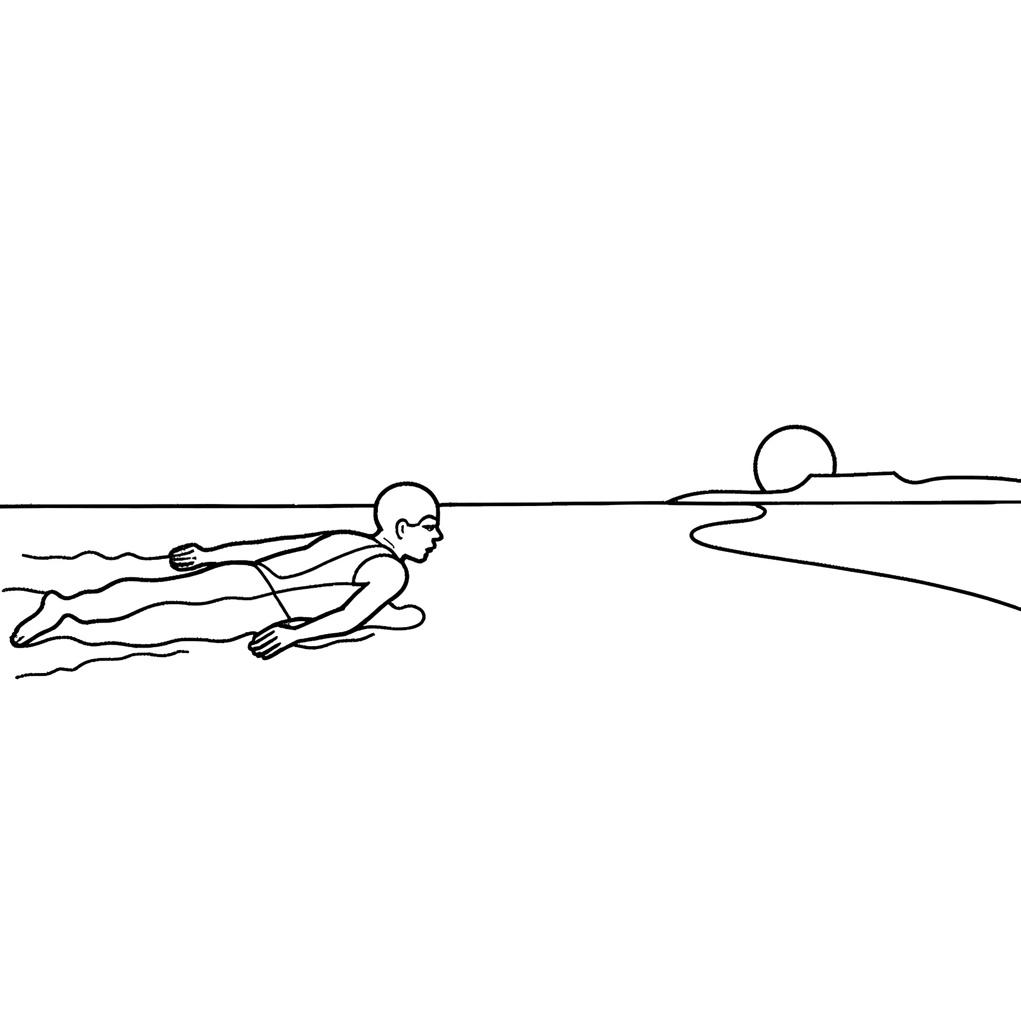 Le Corbusier swimming in the water at sunset Coloring Page (free black-and-white line drawing printable PDF for all, from beginners to advanced learners, including children, teens, adults, and seniors)