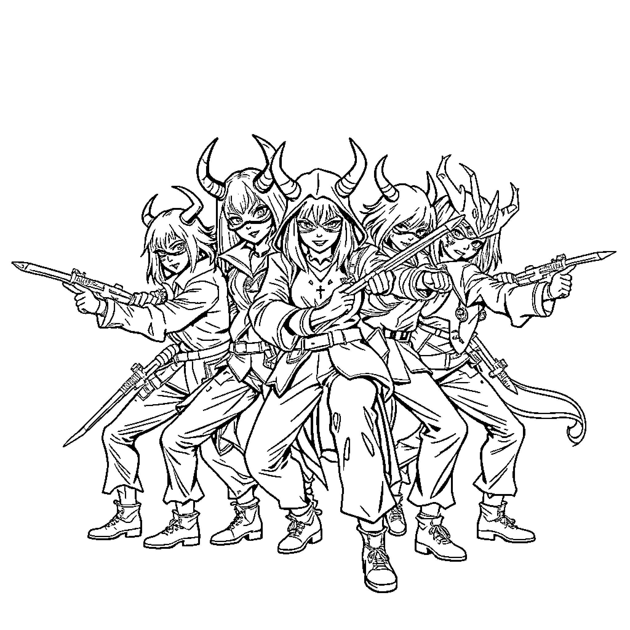 Demon Hunters in Battle Gear Ready for Action Coloring Page (free black-and-white line drawing printable PDF for all, from beginners to advanced learners, including children, teens, adults, and seniors)