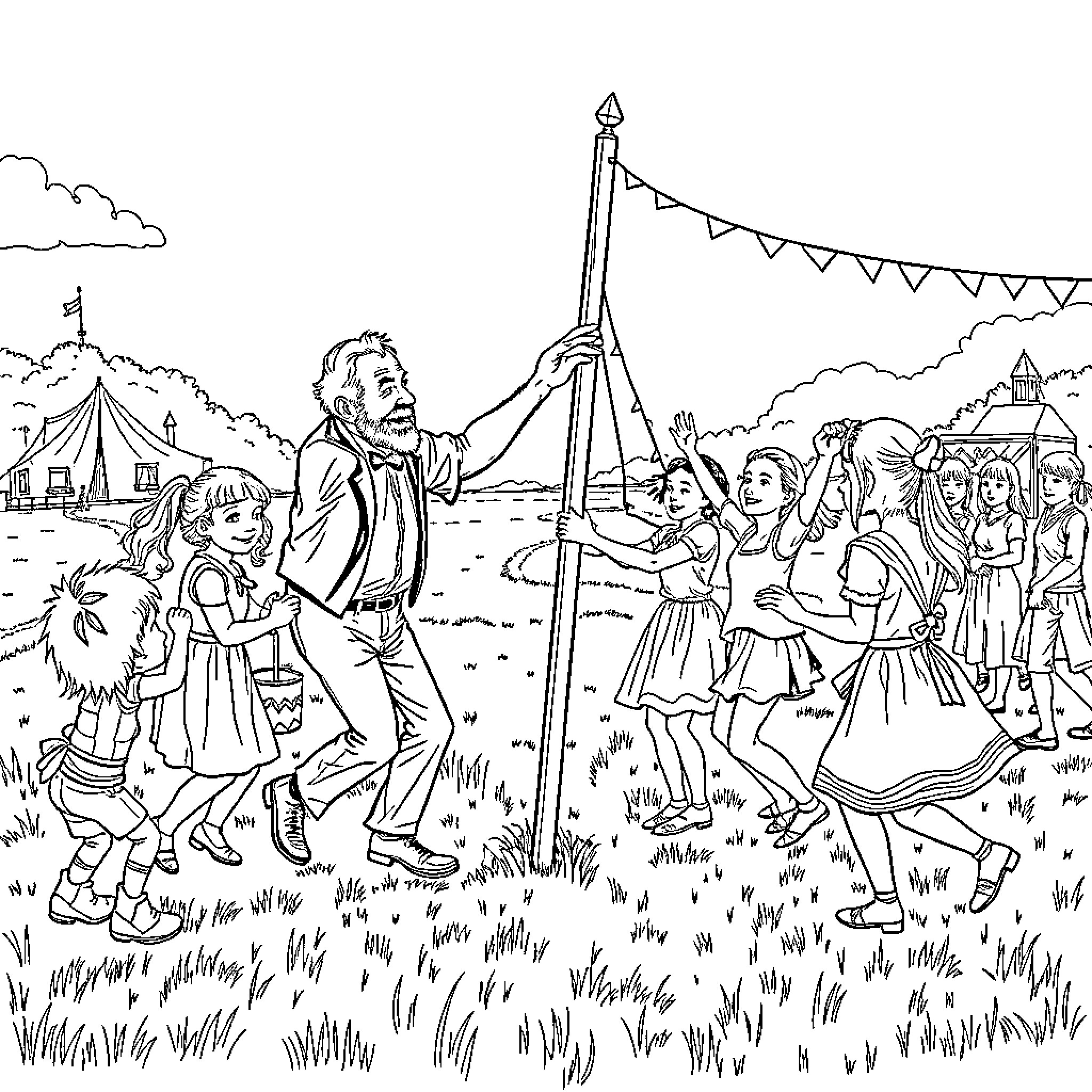 Werner Herzog's joyful celebration with a community Coloring Page (free black-and-white line drawing printable PDF for all, from beginners to advanced learners, including children, teens, adults, and seniors)