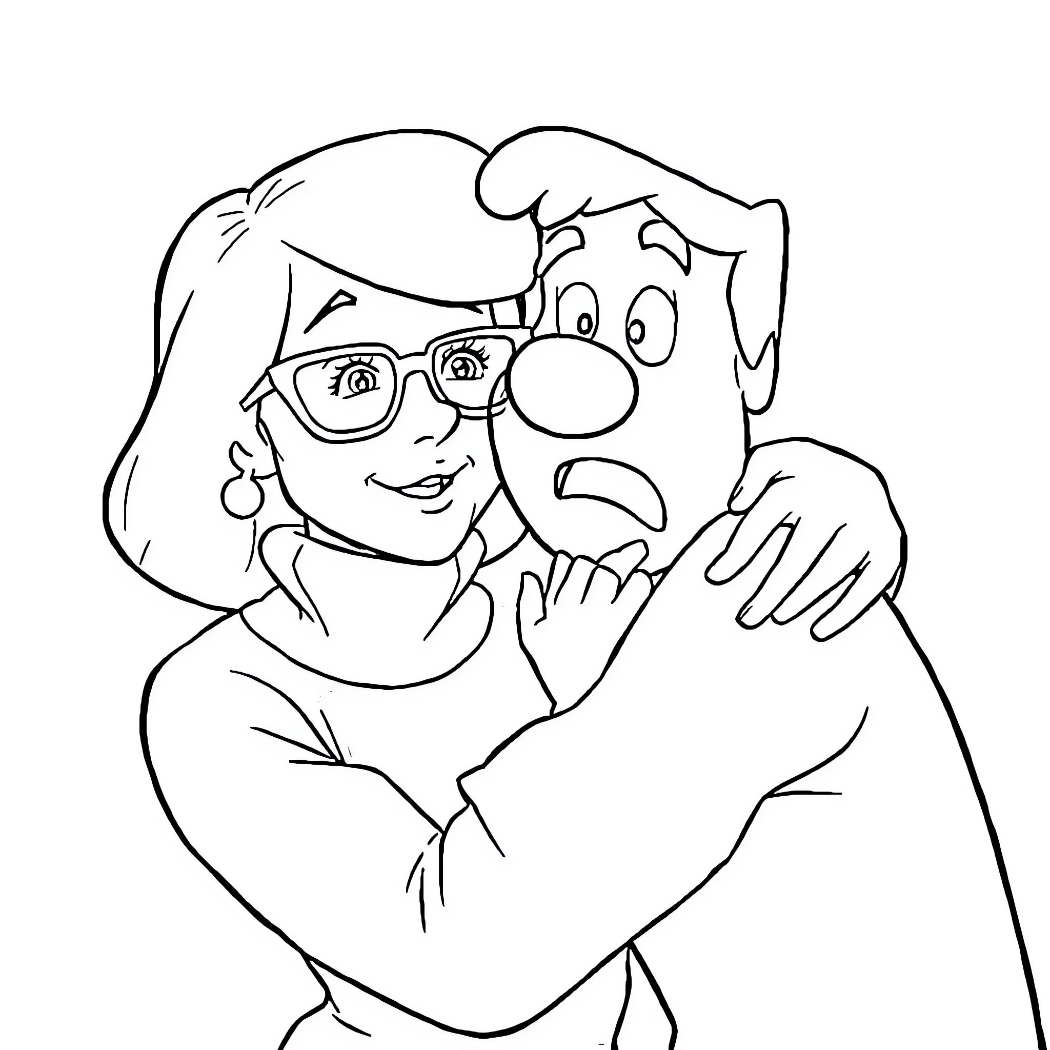 Velma embracing friend with affection Coloring Page (free black-and-white line drawing printable PDF for all, from beginners to advanced learners, including children, teens, adults, and seniors)