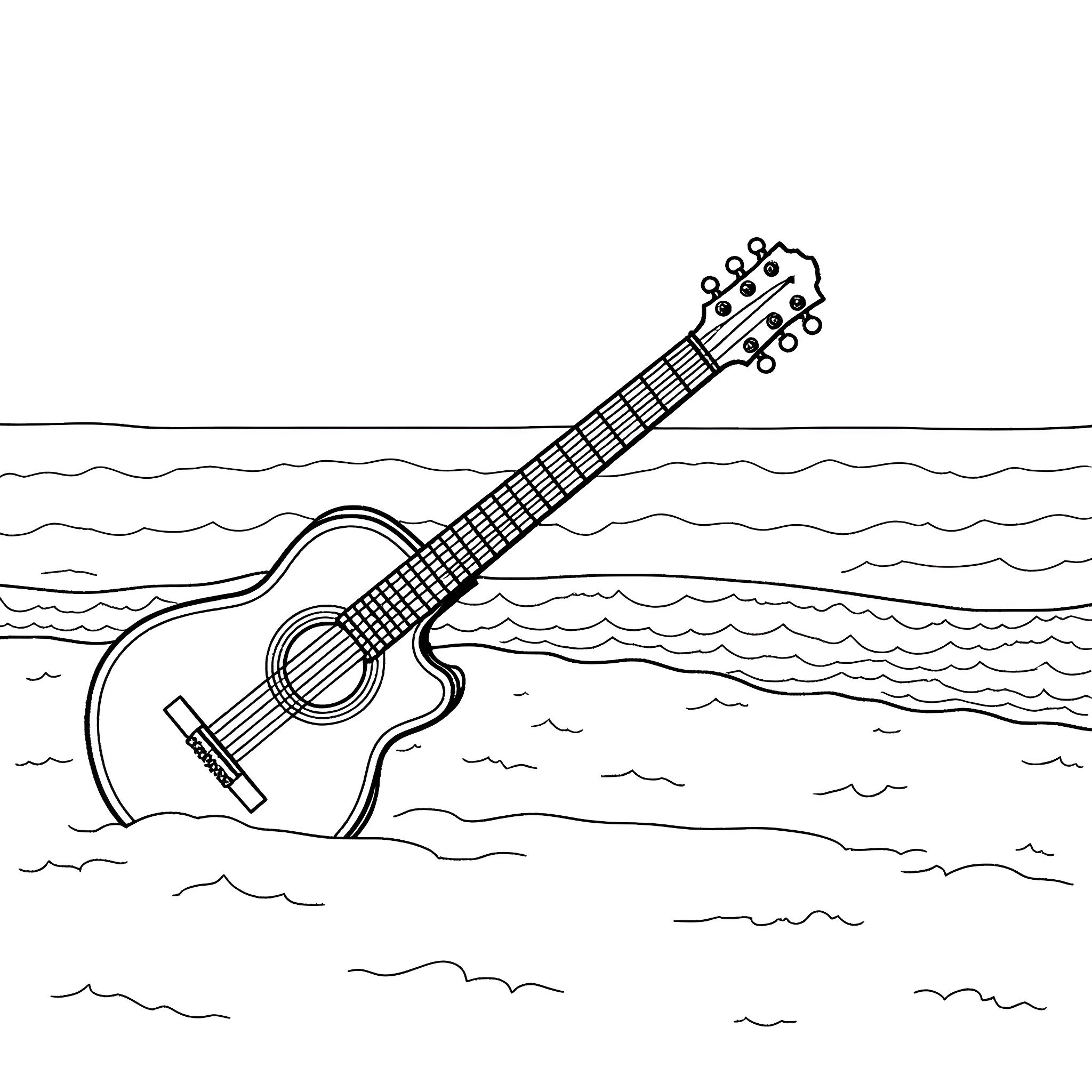Guitar floating on the ocean waves Coloring Page (free black-and-white line drawing printable PDF for all, from beginners to advanced learners, including children, teens, adults, and seniors)