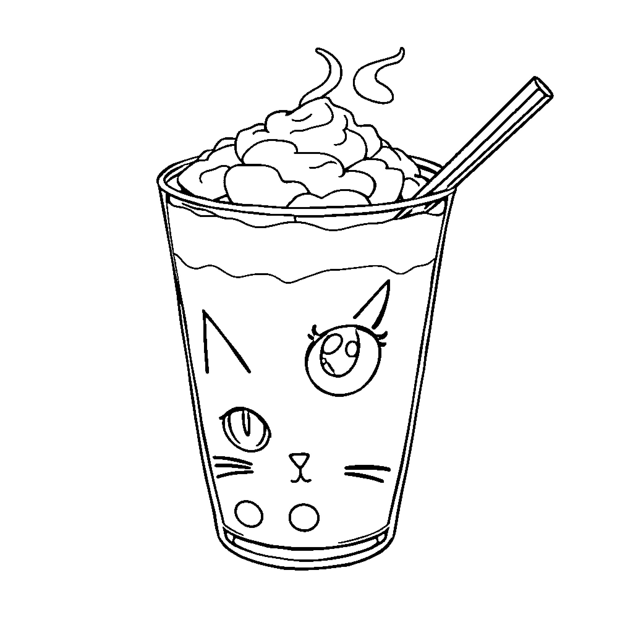 Boba Tea with Cute Cat Design Coloring Page (free black-and-white line drawing printable PDF for all, from beginners to advanced learners, including children, teens, adults, and seniors)