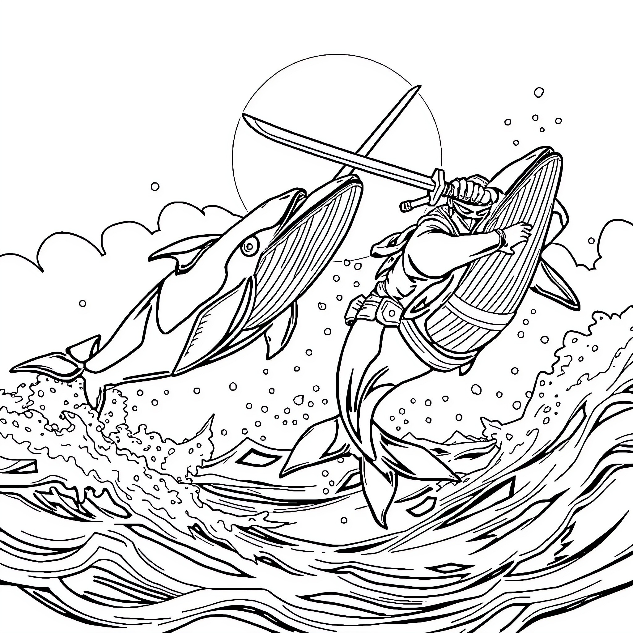 Whale battling waves and adversity in the vast ocean Coloring Page (free black-and-white line drawing printable PDF for all, from beginners to advanced learners, including children, teens, adults, and seniors)