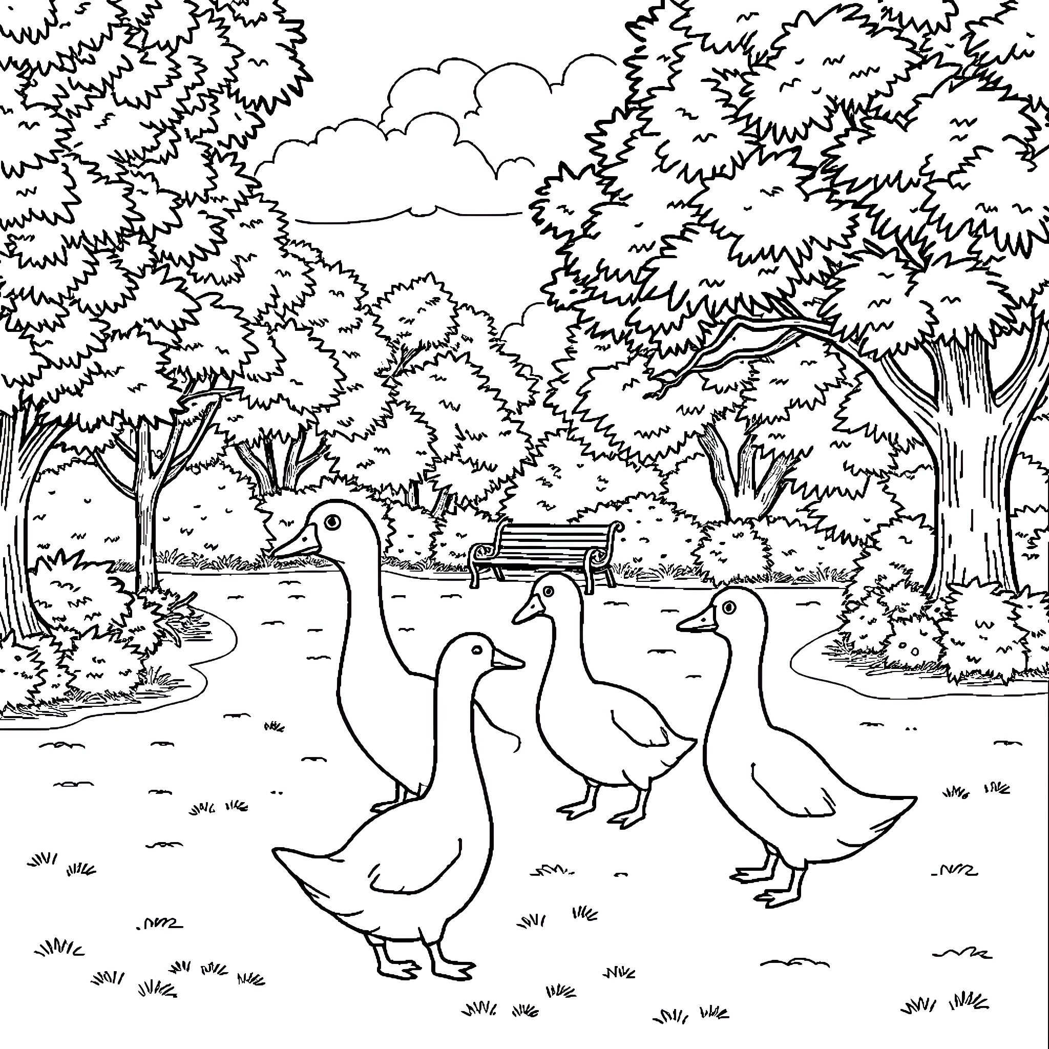 Duck family exploring the tranquil forest scene Coloring Page (free black-and-white line drawing printable PDF for all, from beginners to advanced learners, including children, teens, adults, and seniors)
