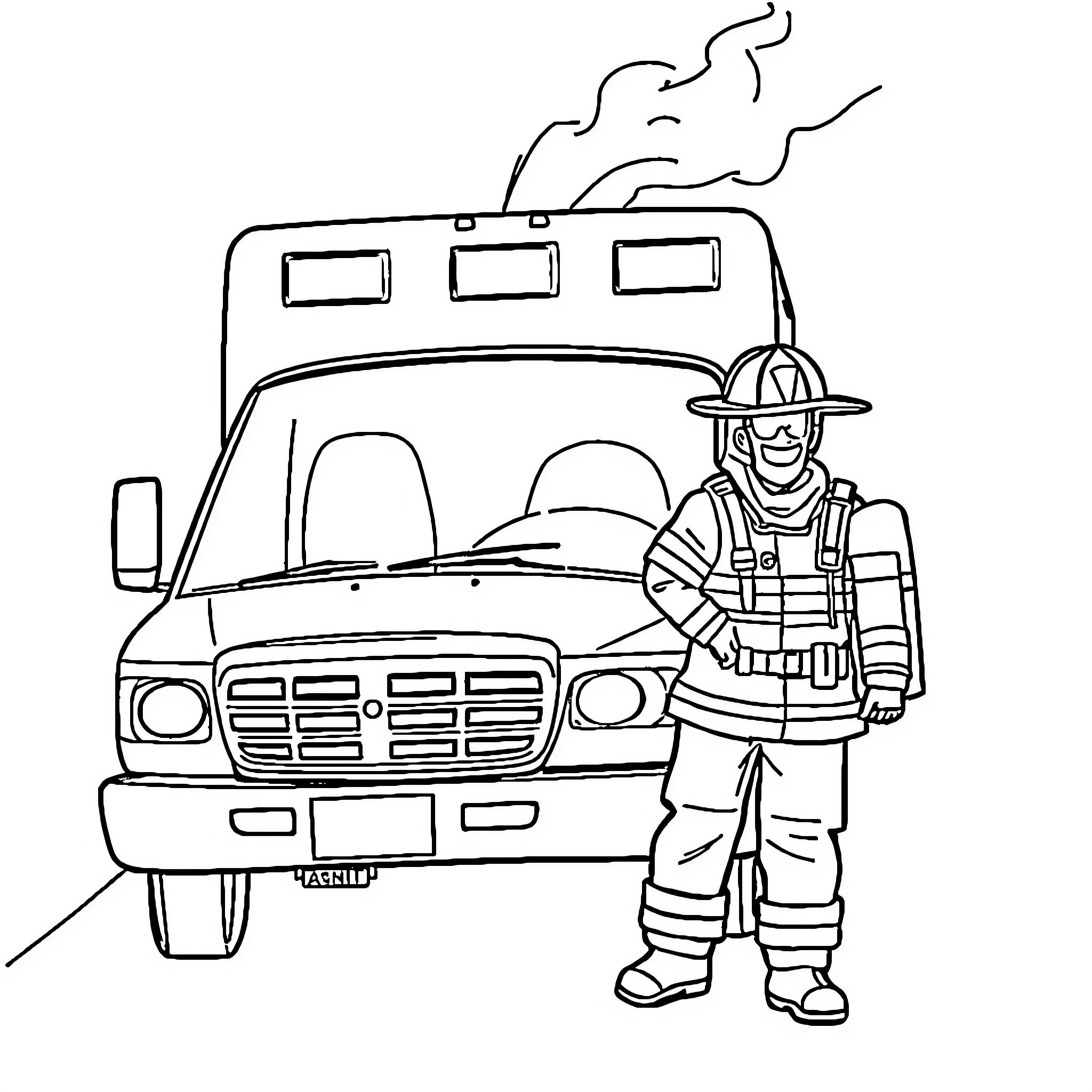 Ambulance with firefighter near the scene Coloring Page (free black-and-white line drawing printable PDF for all, from beginners to advanced learners, including children, teens, adults, and seniors)