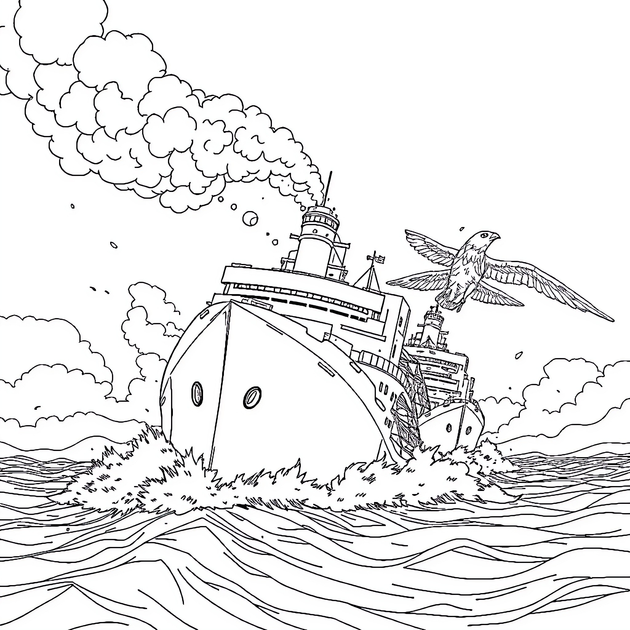 Ship sailing through stormy seas with lighthouse and bird Coloring Page (free black-and-white line drawing printable PDF for all, from beginners to advanced learners, including children, teens, adults, and seniors)