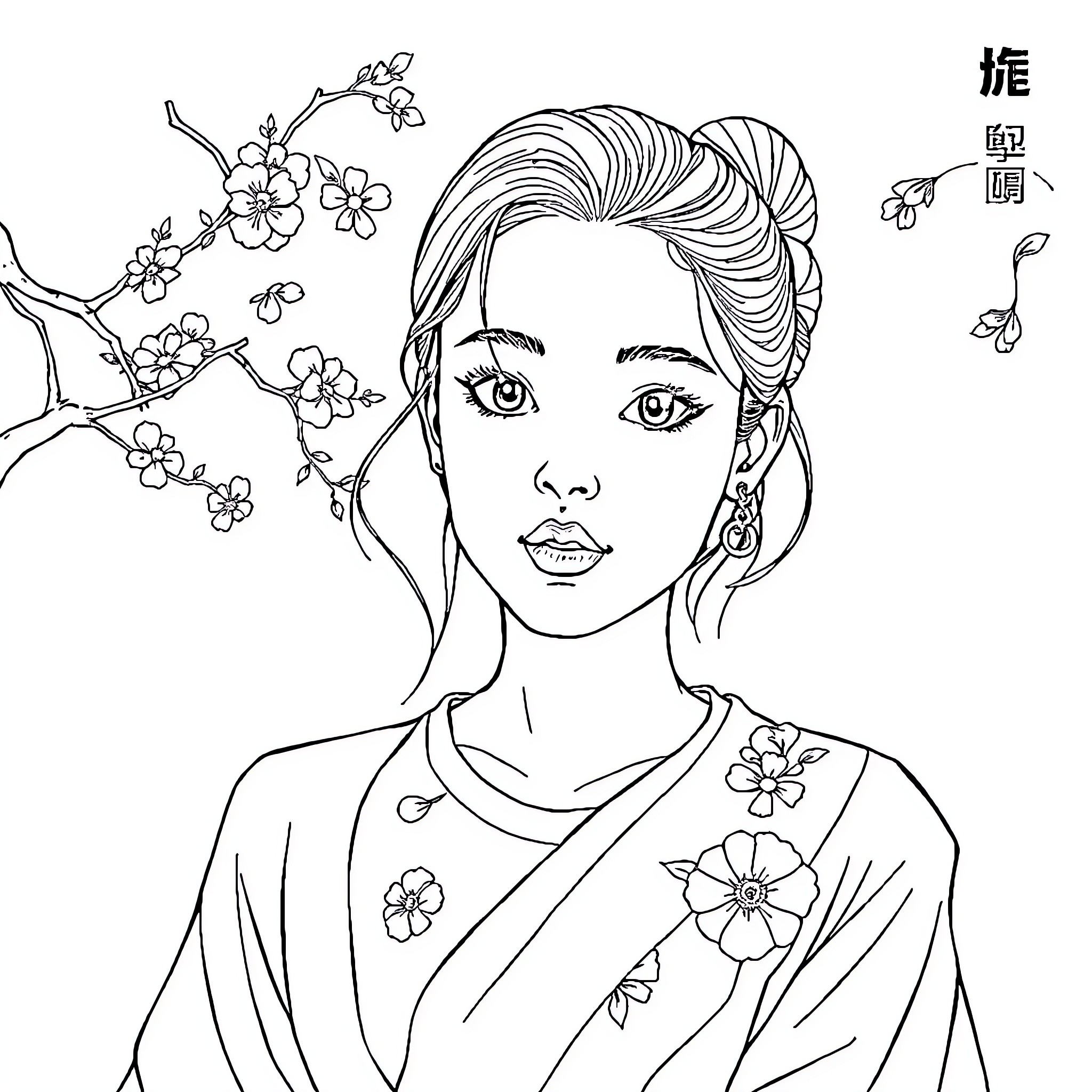 Cat with elegant hairstyle and floral accents Coloring Page (free black-and-white line drawing printable PDF for all, from beginners to advanced learners, including children, teens, adults, and seniors)