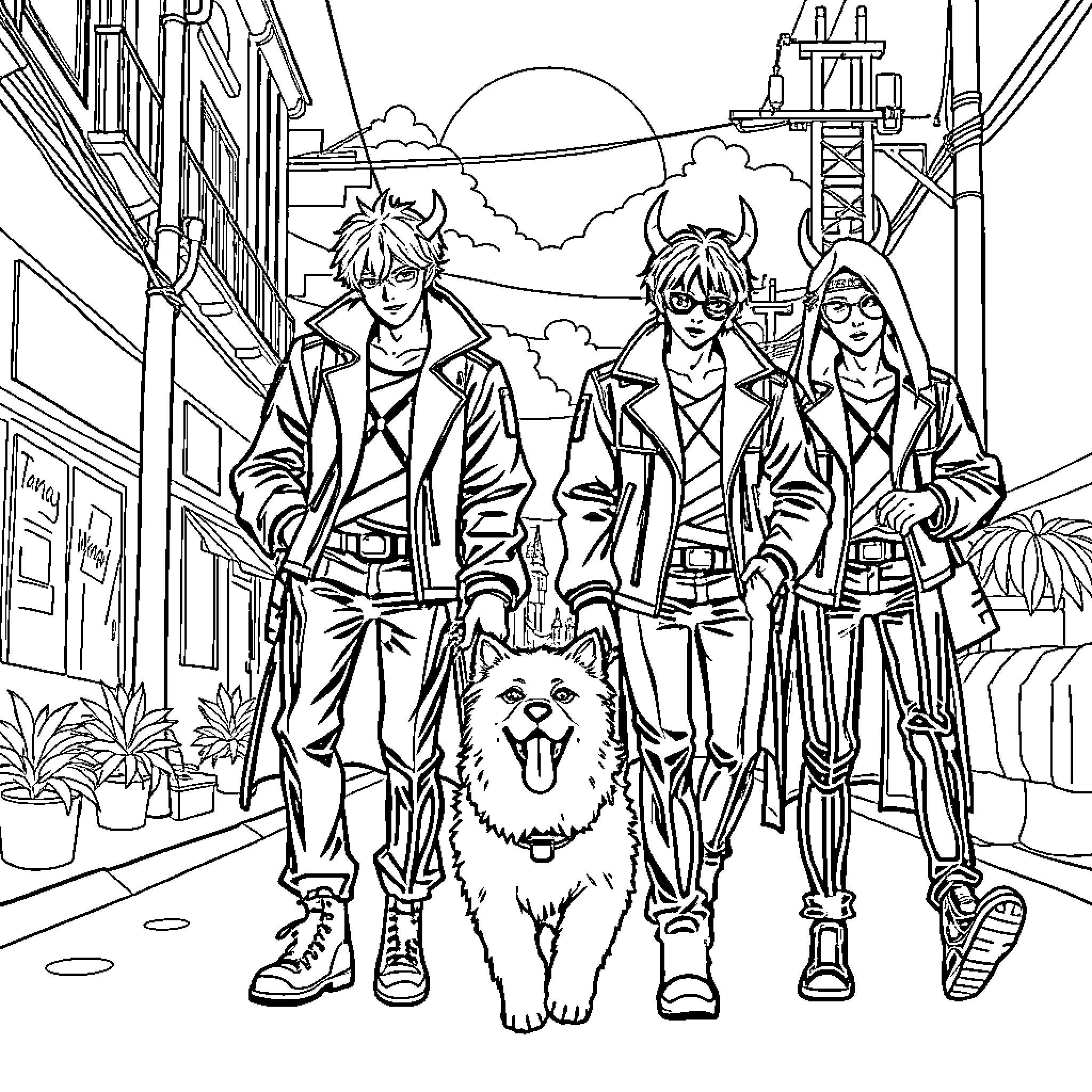 Demon Hunter Trio and Their Furry Companion Coloring Page (free black-and-white line drawing printable PDF for all, from beginners to advanced learners, including children, teens, adults, and seniors)