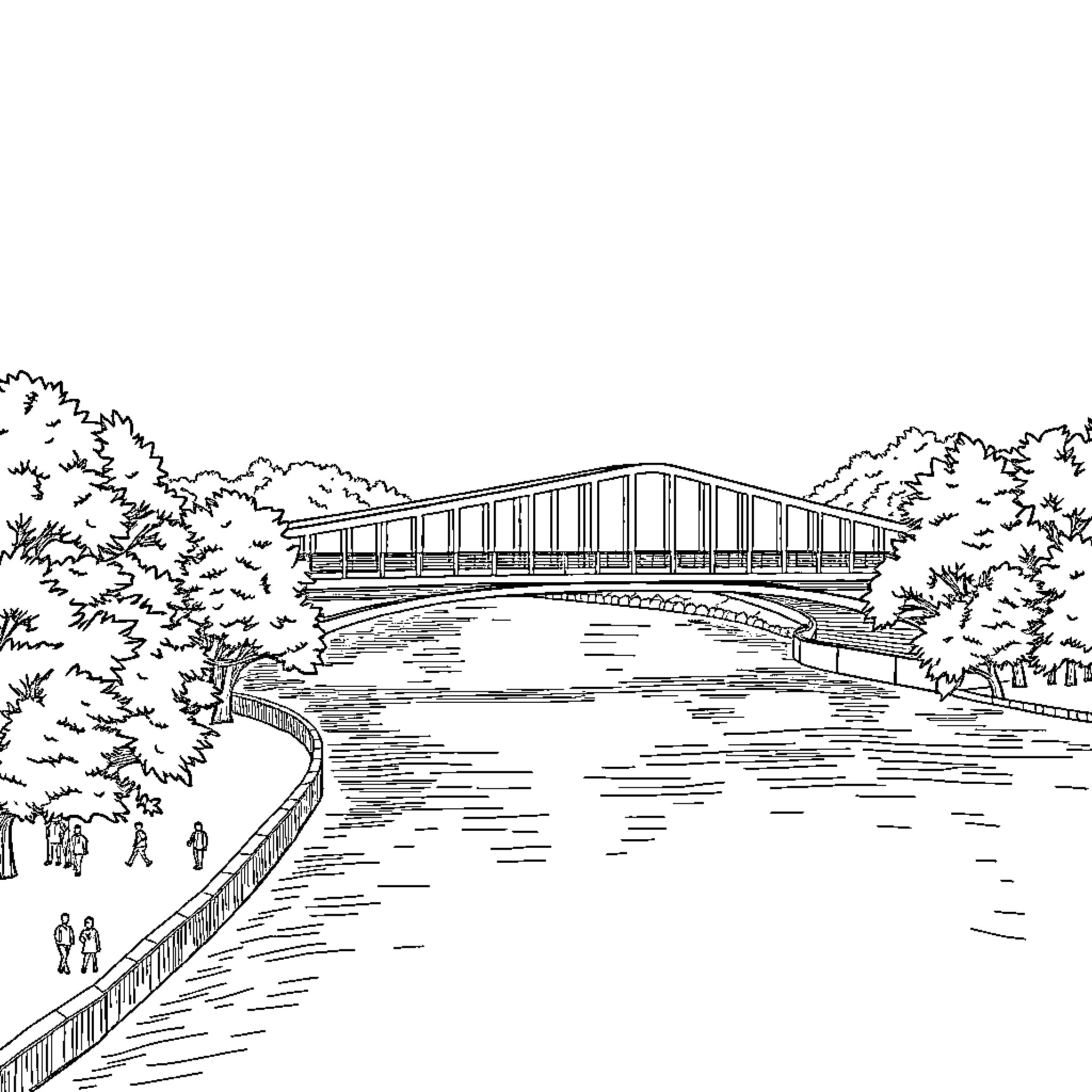 Putney Bridge over the tranquil river Coloring Page (free black-and-white line drawing printable PDF for all, from beginners to advanced learners, including children, teens, adults, and seniors)