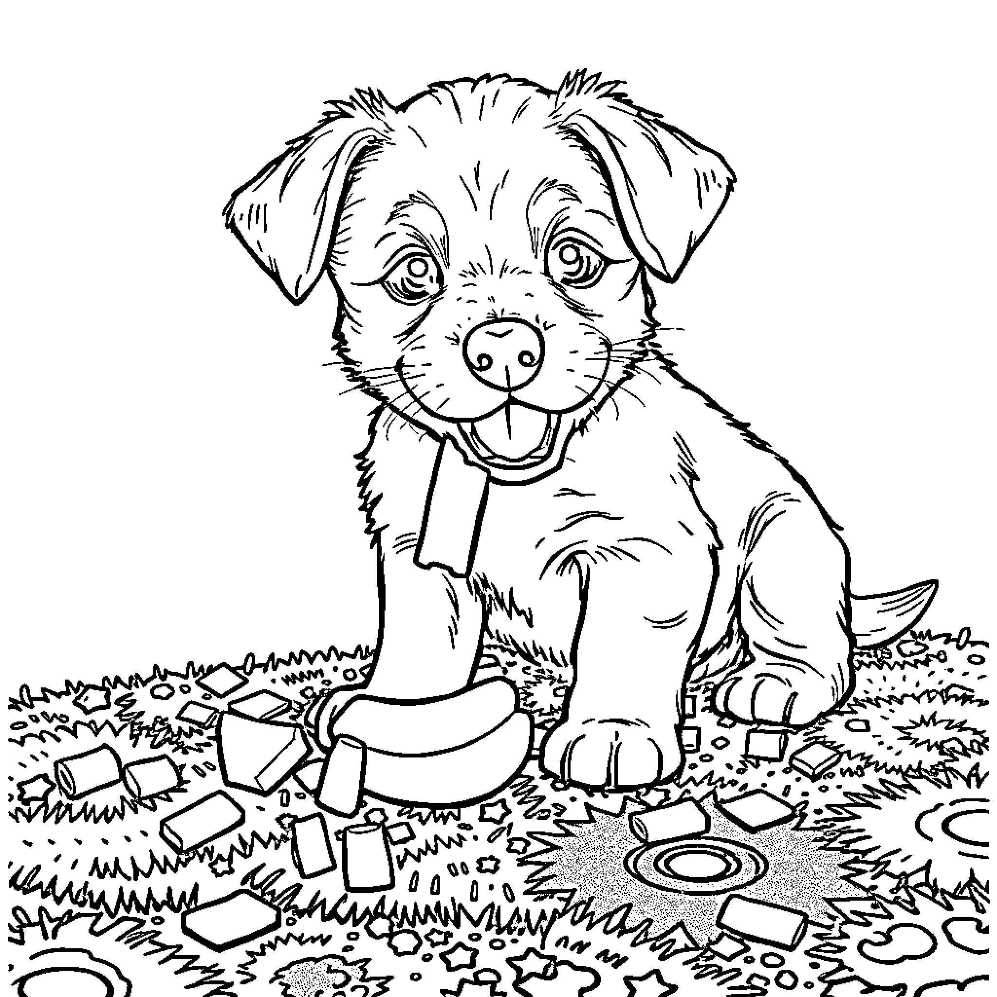 Carpet of playful puppy in natural scene Coloring Page (free black-and-white line drawing printable PDF for all, from beginners to advanced learners, including children, teens, adults, and seniors)