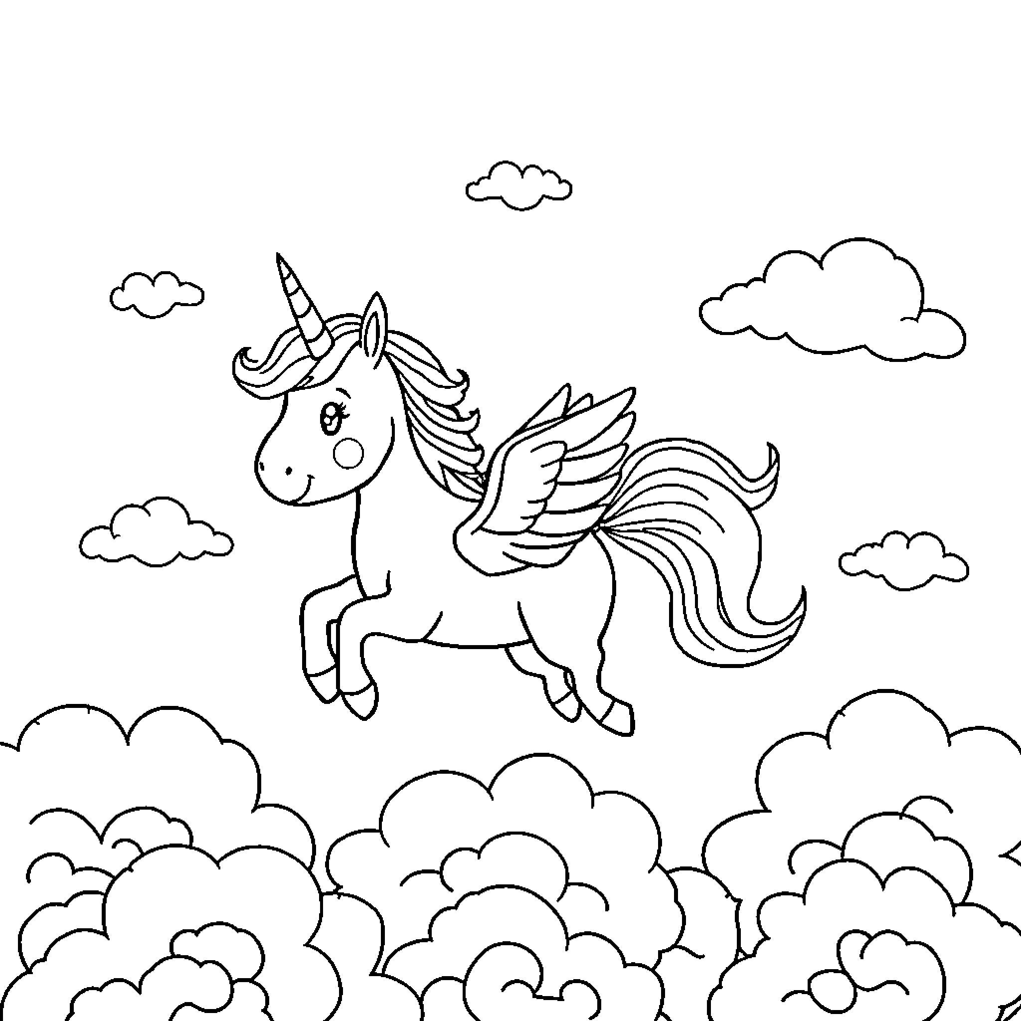 Unicorn soaring through the clouds Coloring Page (free black-and-white line drawing printable PDF for all, from beginners to advanced learners, including children, teens, adults, and seniors)