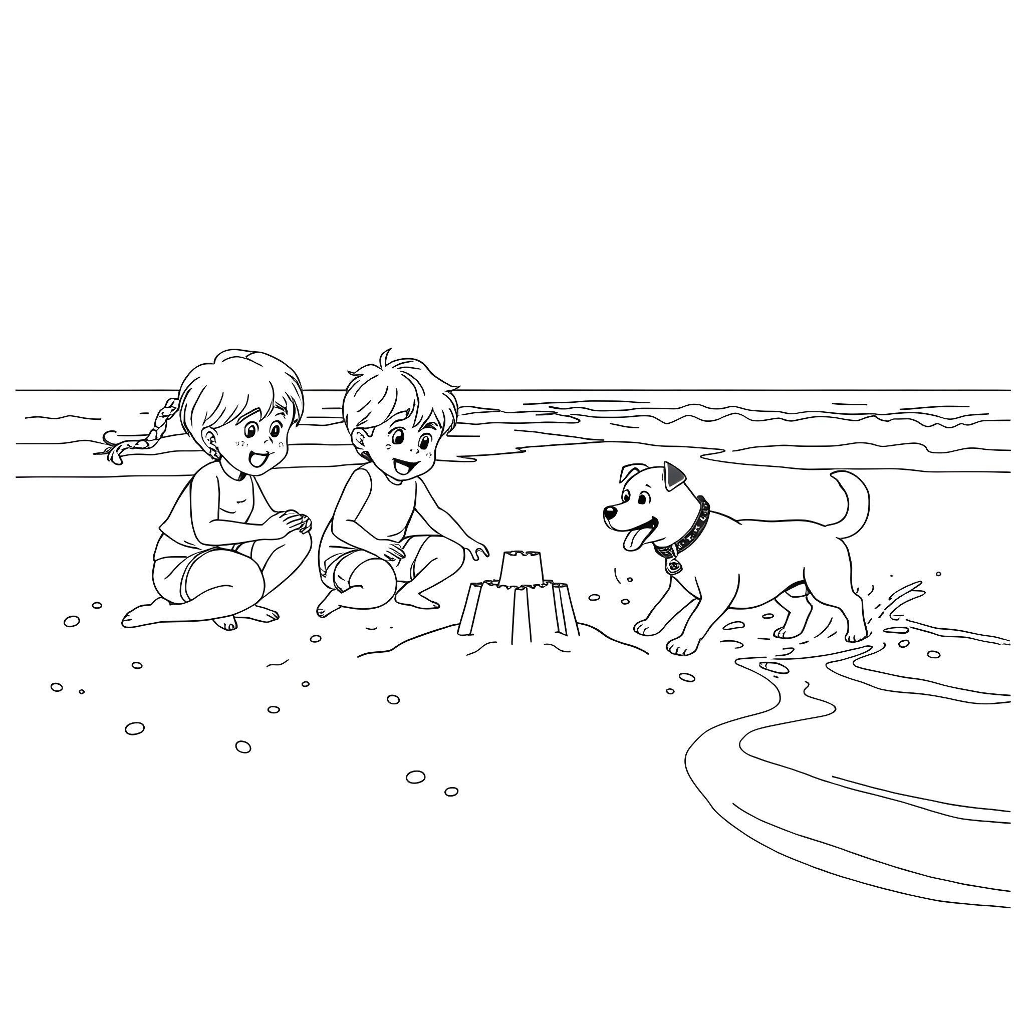 Kid playing happily with dog on the beach Coloring Page (free black-and-white line drawing printable PDF for all, from beginners to advanced learners, including children, teens, adults, and seniors)