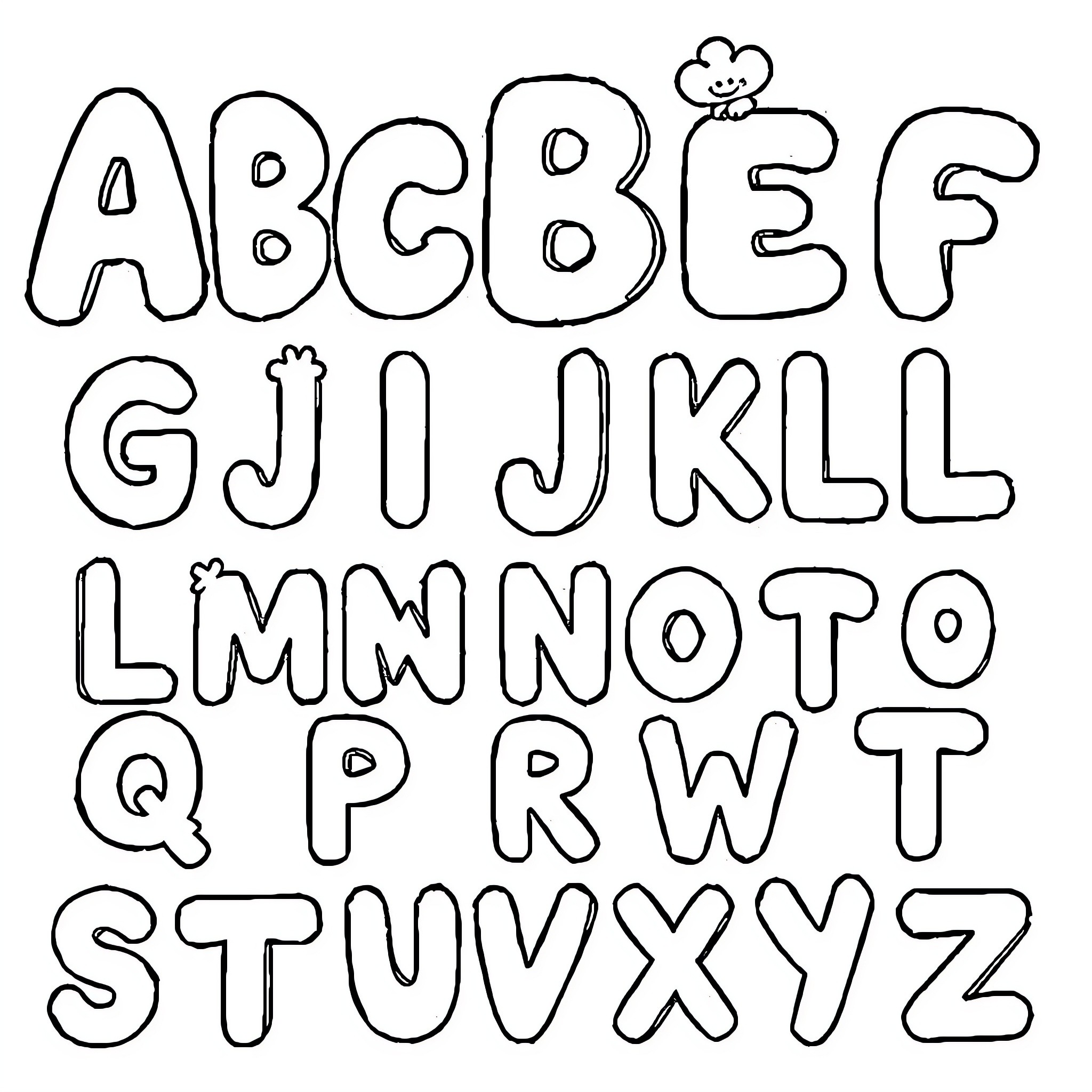 Alphabet characters with playful expressions Coloring Page (free black-and-white line drawing printable PDF for all, from beginners to advanced learners, including children, teens, adults, and seniors)