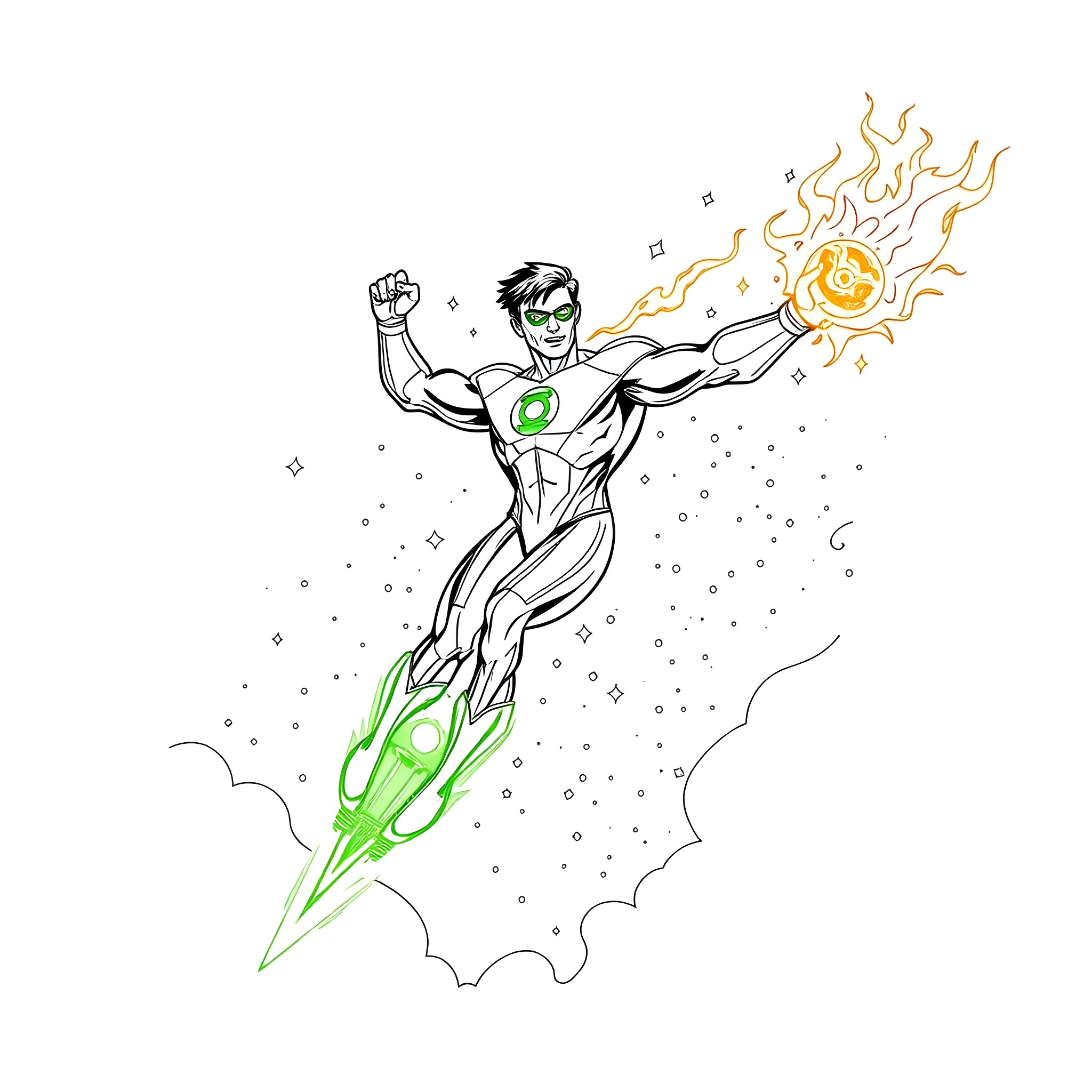Human Lantern soaring through the stars Coloring Page (free black-and-white line drawing printable PDF for all, from beginners to advanced learners, including children, teens, adults, and seniors)