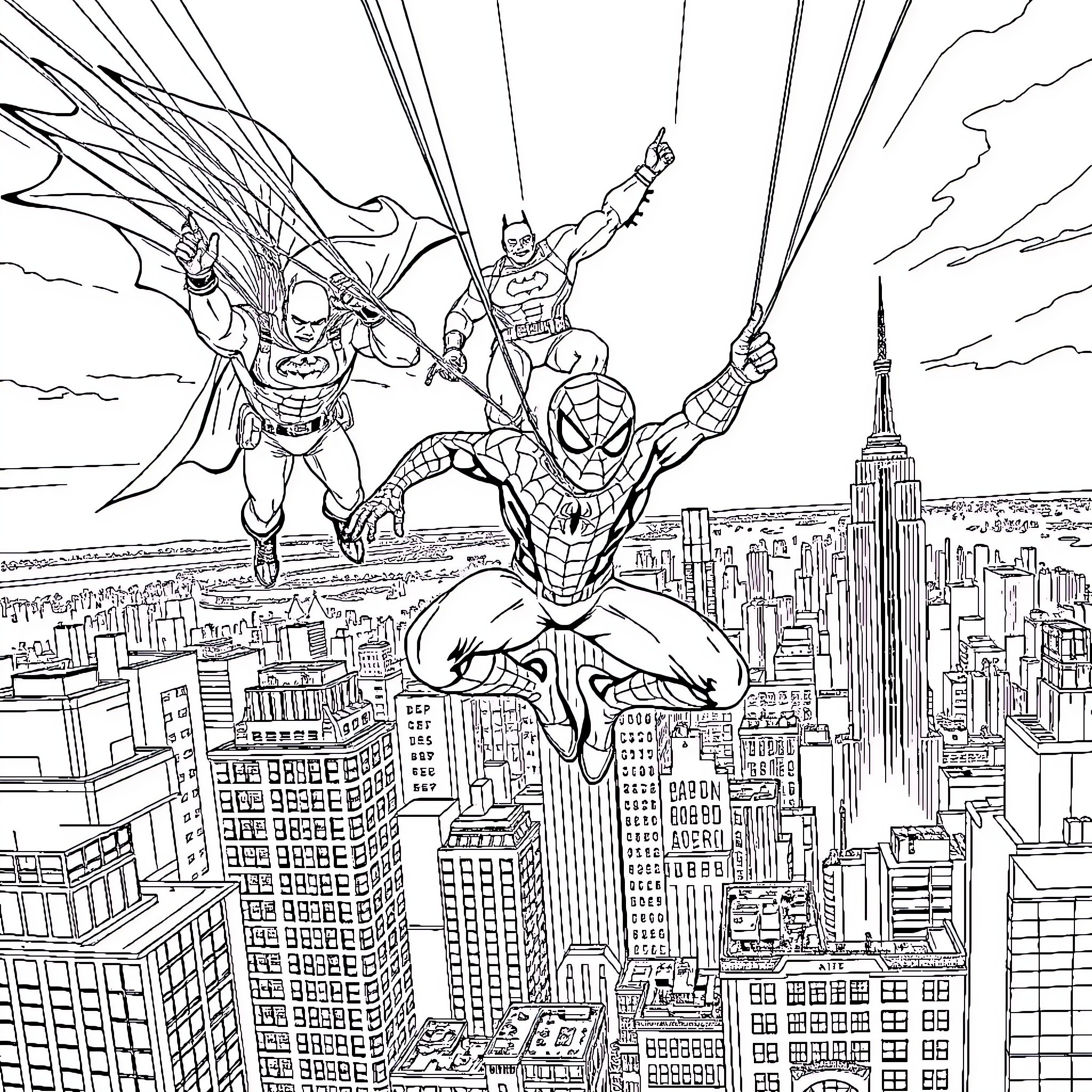 Superhero Trio Soaring Above the City Coloring Page (free black-and-white line drawing printable PDF for all, from beginners to advanced learners, including children, teens, adults, and seniors)