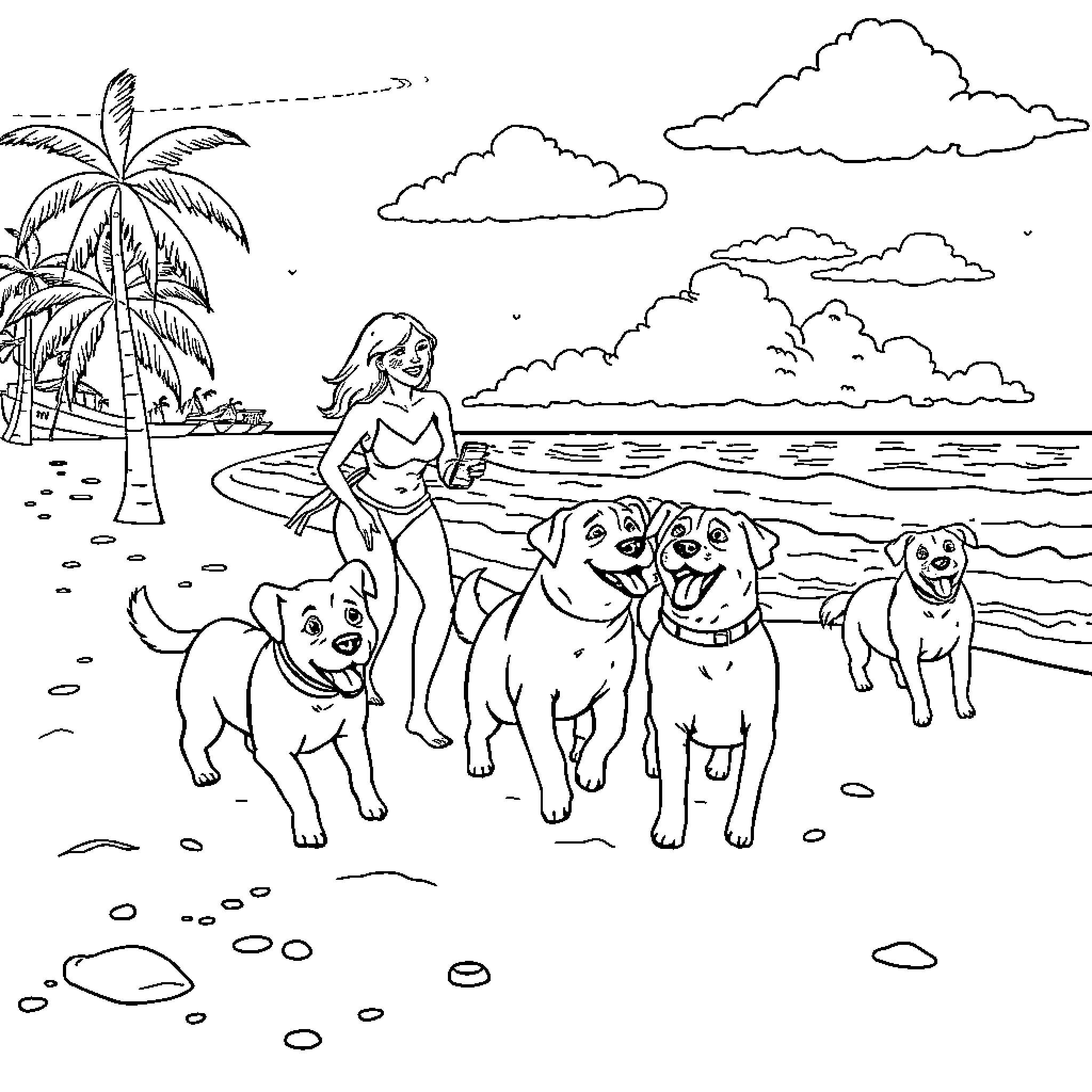 Dog and owner having fun on the beach Coloring Page (free black-and-white line drawing printable PDF for all, from beginners to advanced learners, including children, teens, adults, and seniors)