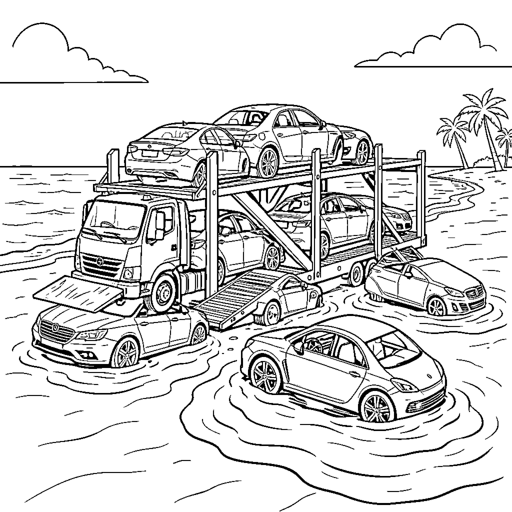 Car carrier transporting vehicles on the beach Coloring Page (free black-and-white line drawing printable PDF for all, from beginners to advanced learners, including children, teens, adults, and seniors)