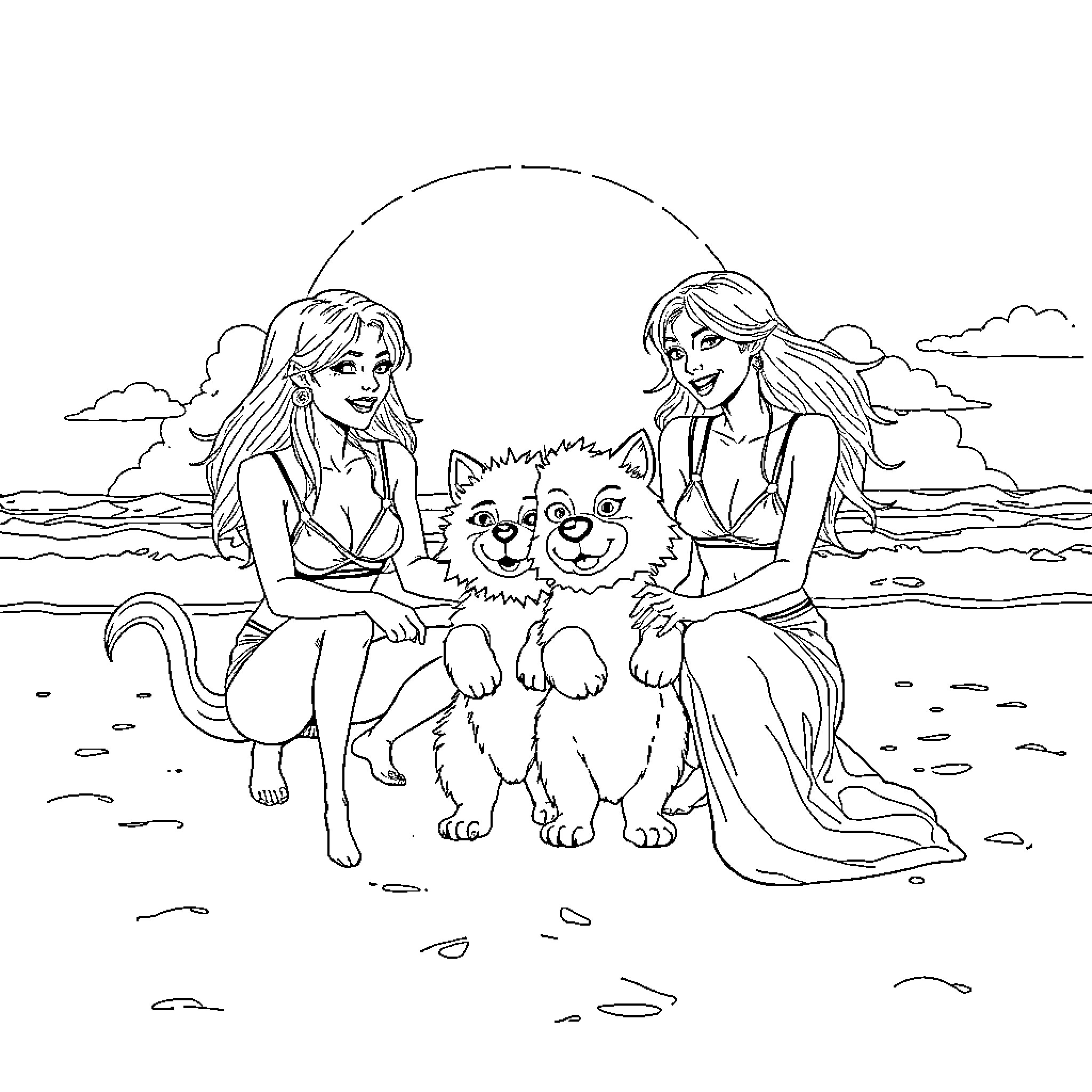 Goth girls enjoying a day at the beach with their furry companion Coloring Page (free black-and-white line drawing printable PDF for all, from beginners to advanced learners, including children, teens, adults, and seniors)