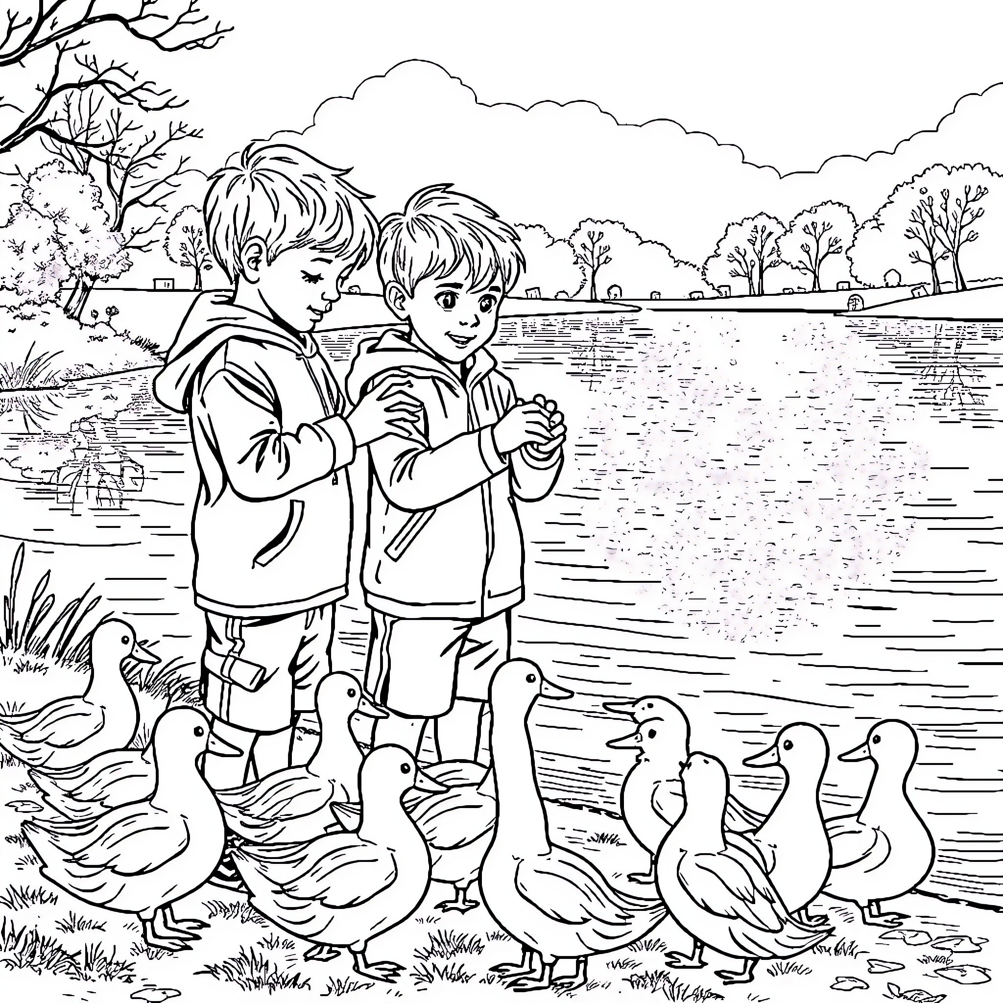 Boy friends explore the lake with ducklings Coloring Page (free black-and-white line drawing printable PDF for all, from beginners to advanced learners, including children, teens, adults, and seniors)