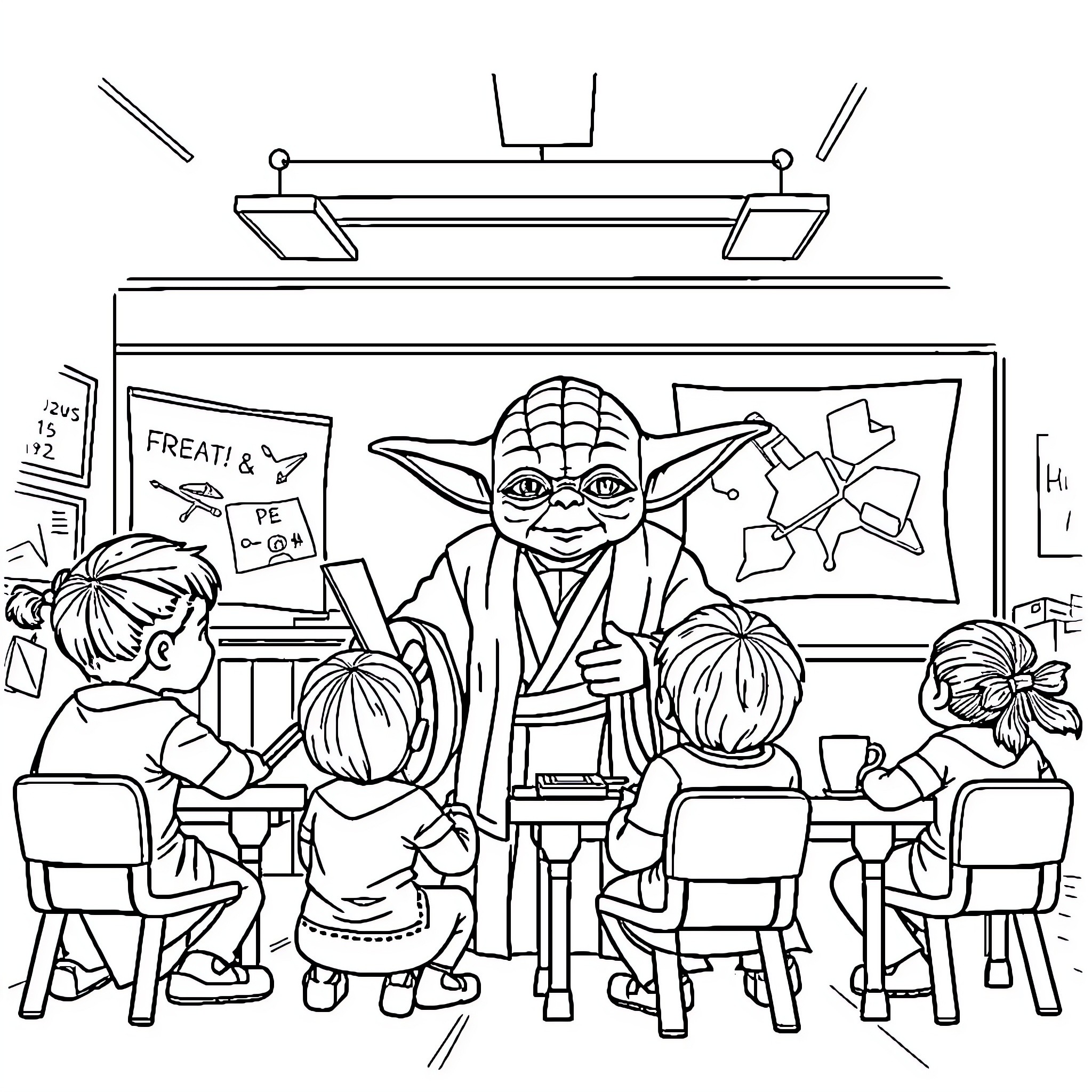 Yoda teaching students in a classroom Coloring Page (free black-and-white line drawing printable PDF for all, from beginners to advanced learners, including children, teens, adults, and seniors)