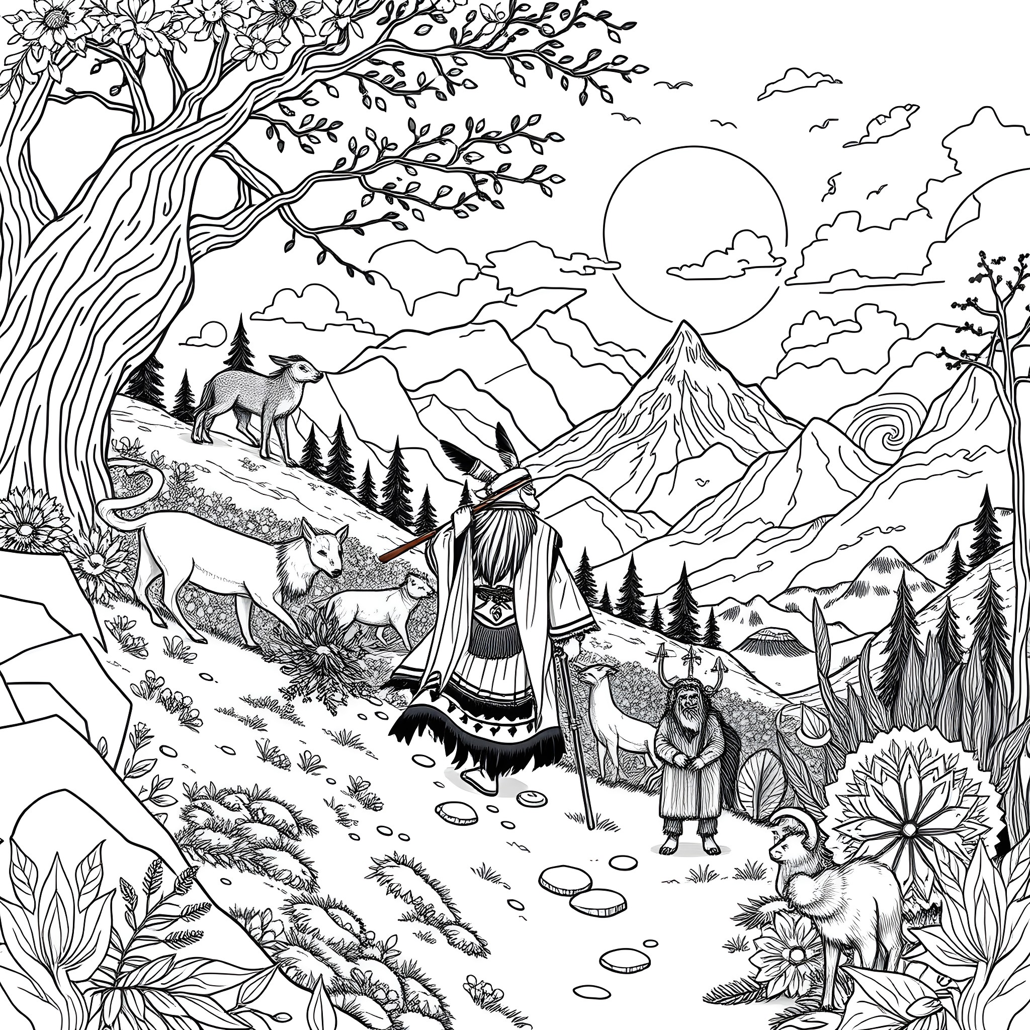 Wizard exploring the enchanted mountain landscape Coloring Page (free black-and-white line drawing printable PDF for all, from beginners to advanced learners, including children, teens, adults, and seniors)