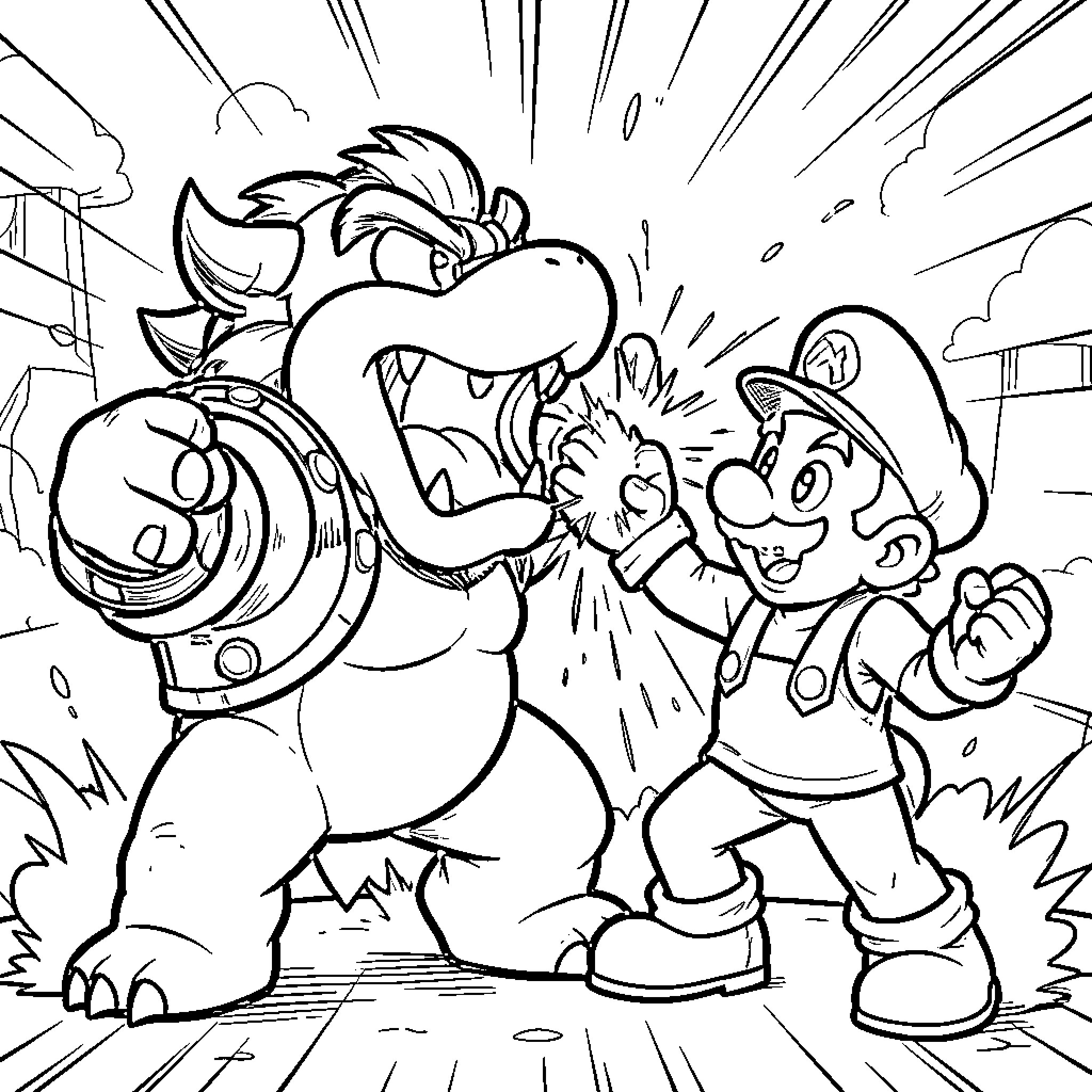 Dry Bowser confronted by Mario in action-packed scene Coloring Page (free black-and-white line drawing printable PDF for all, from beginners to advanced learners, including children, teens, adults, and seniors)