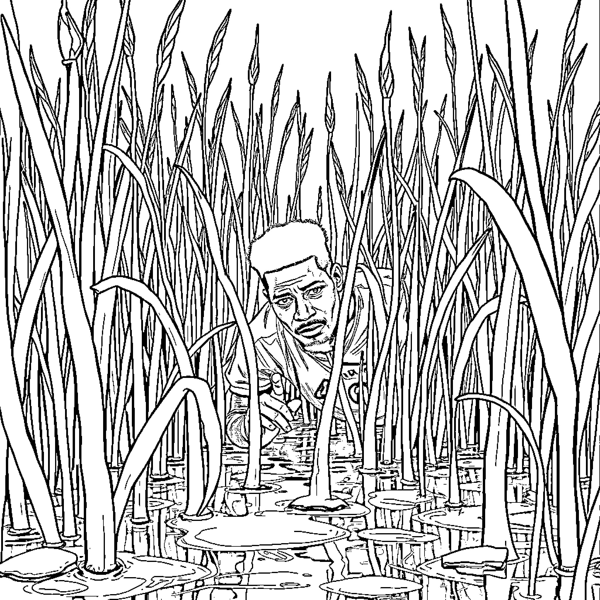 Derrick Rose exploring the overgrown vegetation Coloring Page (free black-and-white line drawing printable PDF for all, from beginners to advanced learners, including children, teens, adults, and seniors)
