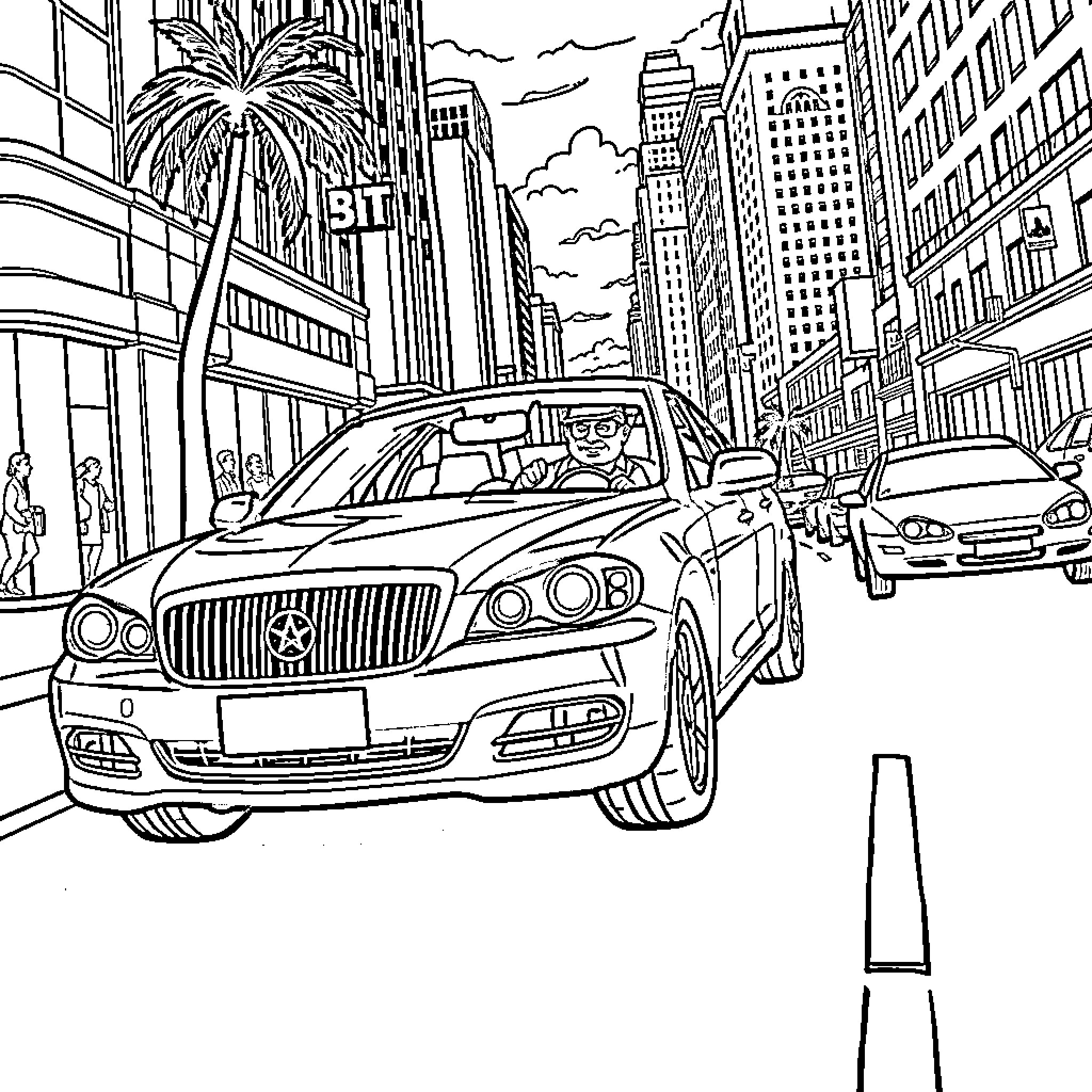 Americano driving in a bustling city street Coloring Page (free black-and-white line drawing printable PDF for all, from beginners to advanced learners, including children, teens, adults, and seniors)